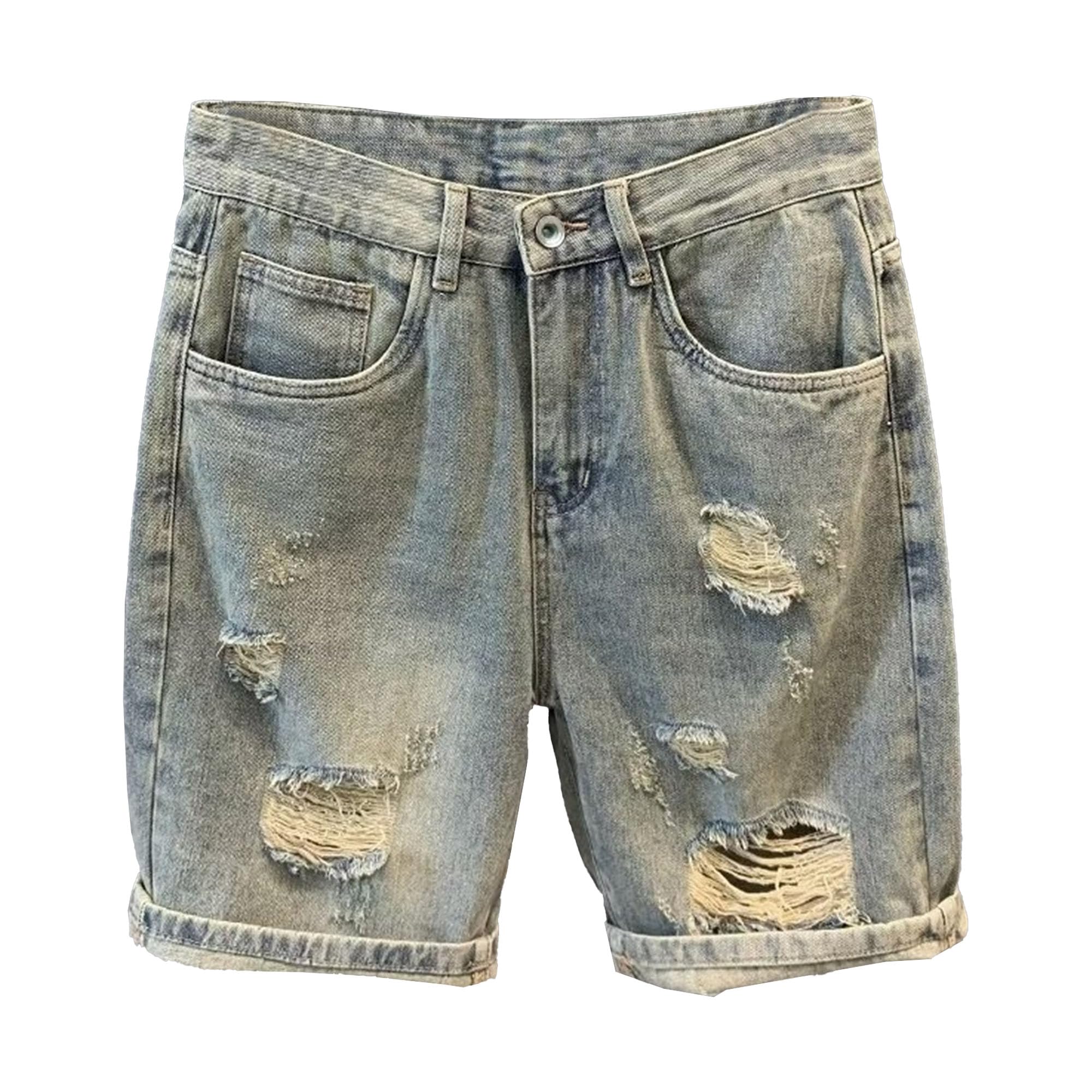 Men's Street Style Jean Shorts Fashion Ripped Knee Lenght Half Jeans Distressed Classic Fit Frayed Short Jean Pants