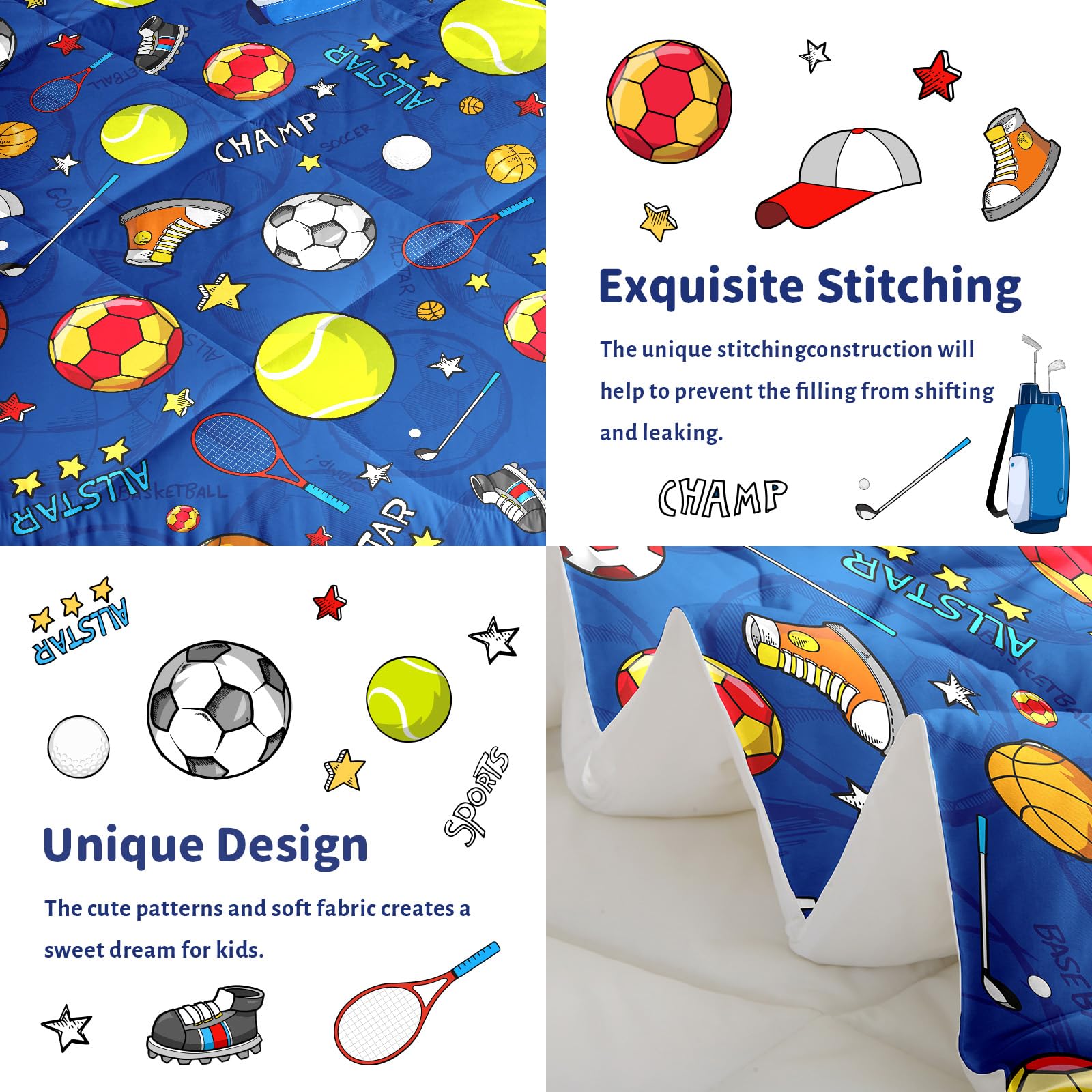 CINYE Blue Ball Sports Coverless Duvet Single,Coverless Duvet For Boys/Kids, Quilt Single withBall Sports - Image 4