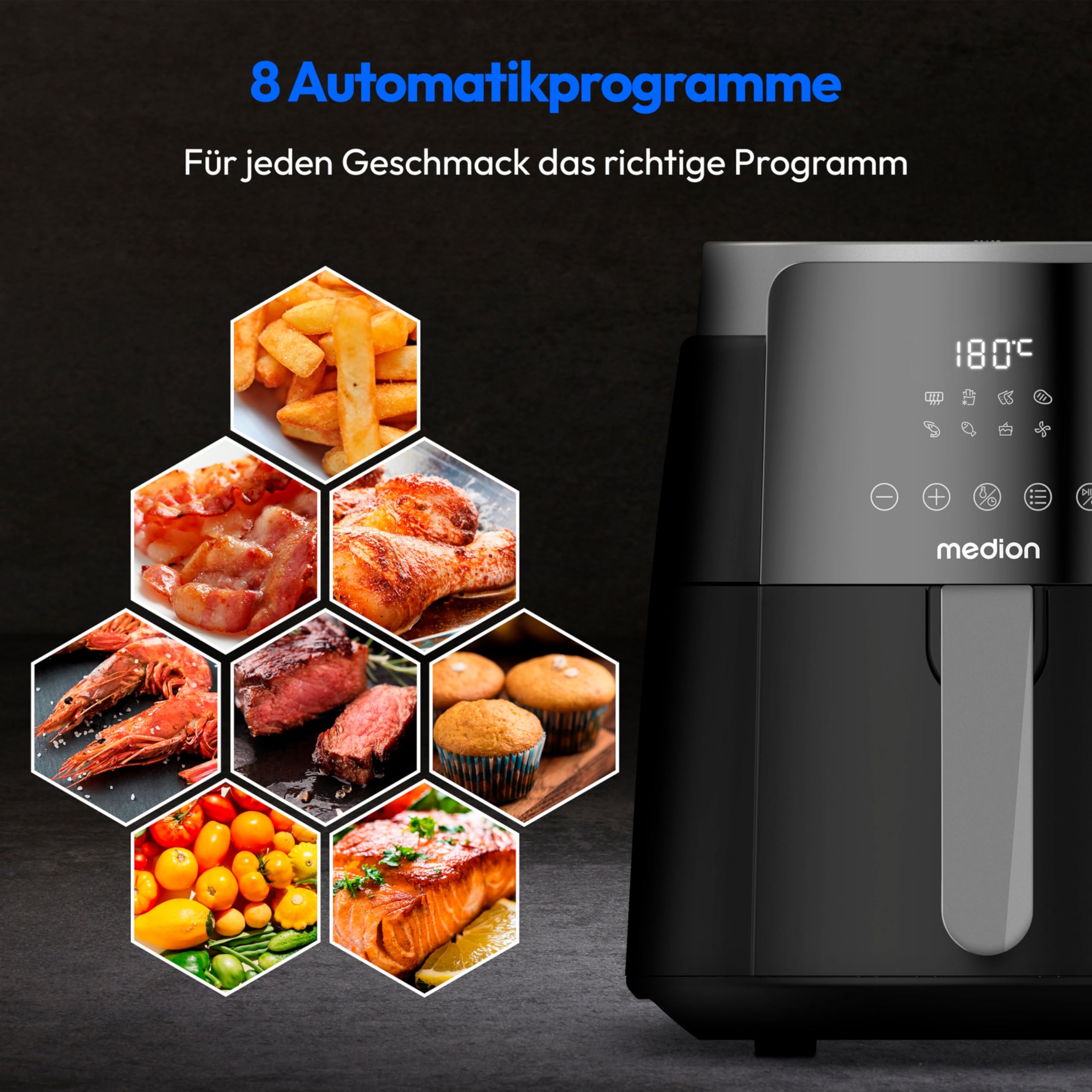 MEDION P40 L Heißluftfritteuse (4,7 Liter, Airfryer, 1500 Watt, einfache Bedienung, ölfreies Frittieren, 60 Min Timer, bis zu 200° C, Antihaft-Beschichtung, MD13030) schwarz
