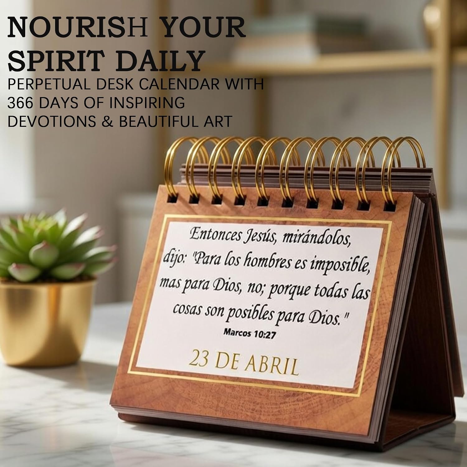 Spanish Christian Bible Verse Perpetual Calendar | Rustic Wood Grain Design | 365 Daily Inspirational Quotes & Scripture in Español | Flip Desk Calendar for Home & Office Decor | Religious Gift