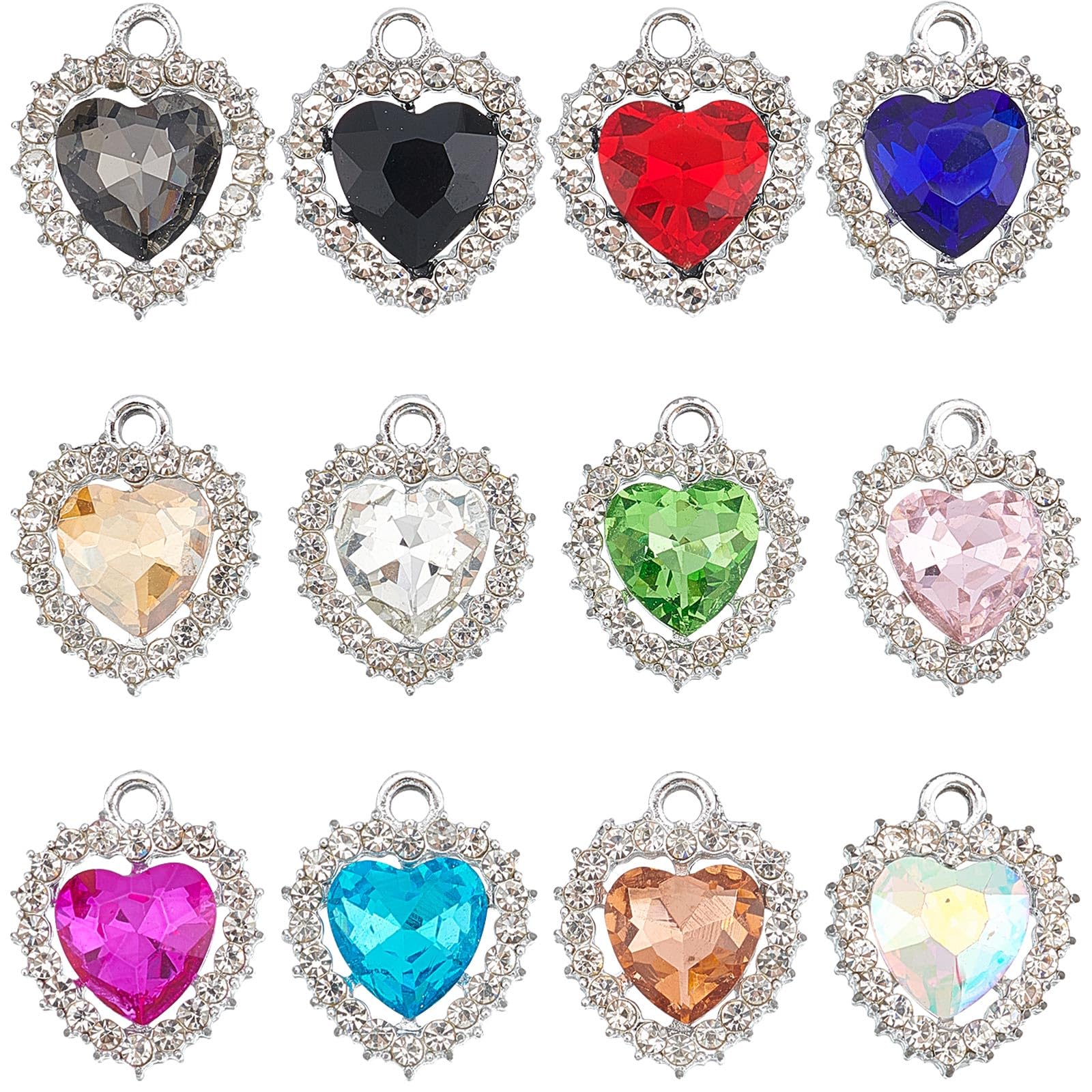 SUNNYCLUE 1 Box 24Pcs Rhinestone Heart Charms Cubic Zirconia Colorful Birthstone Charms Micro Pave Crystal Rhinestone Charm Love Valentine's Day Charm