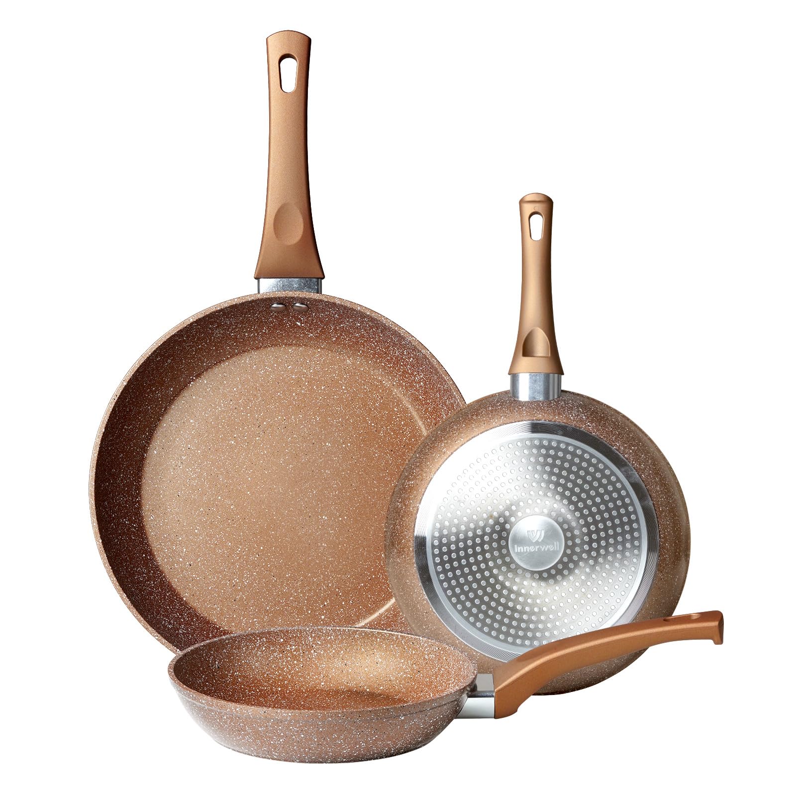 Innerwell 3-częściowy zestaw patelni nieprzywierających, 20 + 24 + 28 cm, patelnia indukcyjna, ceramiczna powłoka nieprzywierająca, patelnie granitowe, nie zawierają PFOA, PTFE, PTFE, PFAS, nadają się