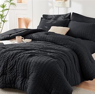 HYMOKEGE Black Queen Comforter Set Seersucker 7 Pieces, All Season Luxury Bed in a Bag for Bedroom, Bedding Set with Comforters, Sheets, Pillowcases & Shams