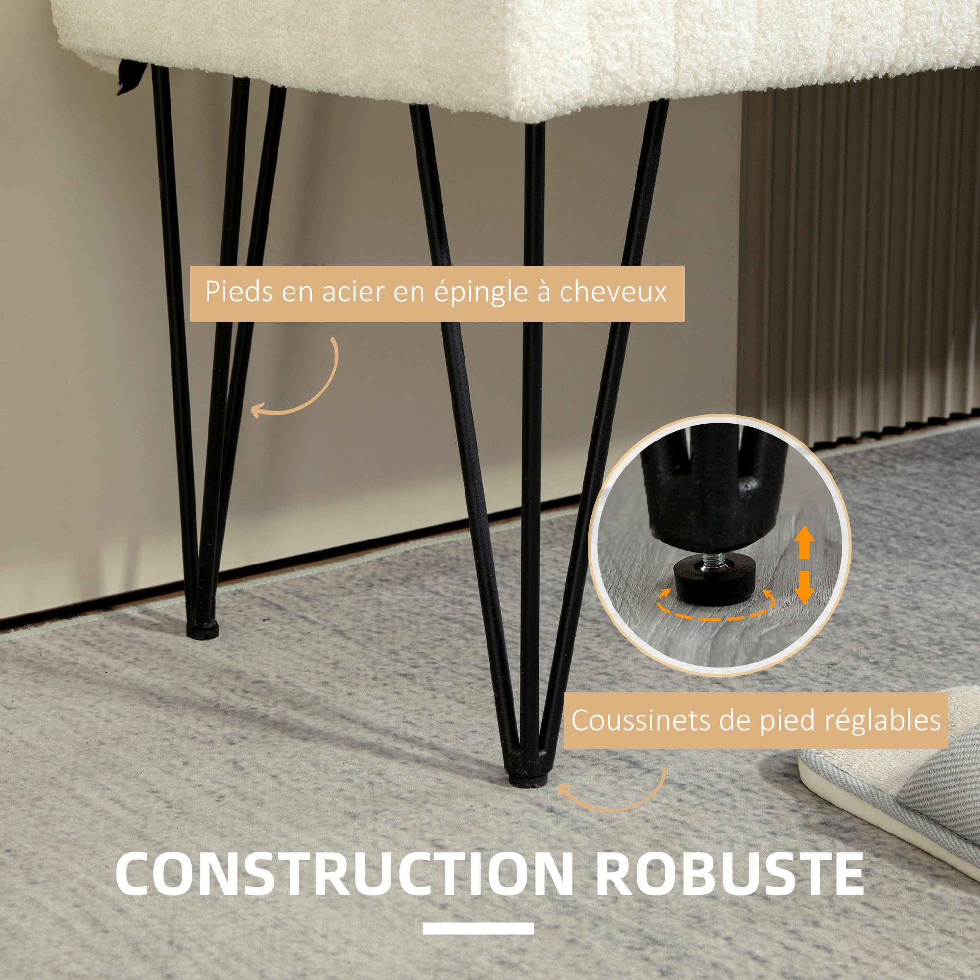 HOMCOM Banc Bout de lit Banquette en Tissu Bouclette Blanc avec Pieds épingle en métal Noir 118,5l x 46P x 49,5H cm crème