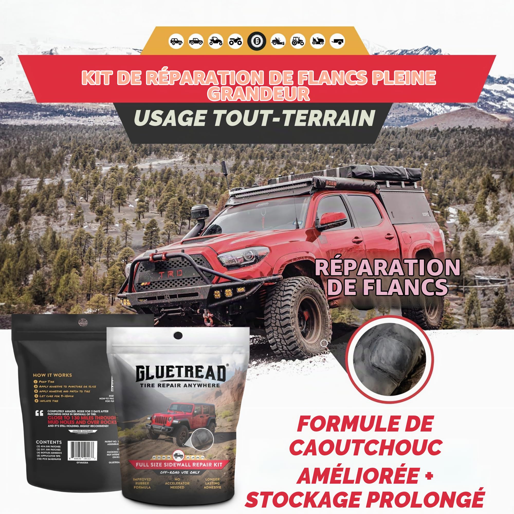 GlueTread Kit de réparation de Pneu pour paroi latérale 4x4 | Kit de réparation de crevaison pour véhicules Tout-Terrain 4x4 | Formule en Caoutchouc améliorée, Aucun accélérateur nécessaire, Temps de