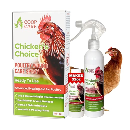 Chicken's Choice Wound Care for Chickens & Birds. Advanced Wound Care Spray for Poultry. Works for Bumblefoot, Vent Prolapse, Pecking Sore, Burns & Skin Irritations. Makes 32 oz Spray.