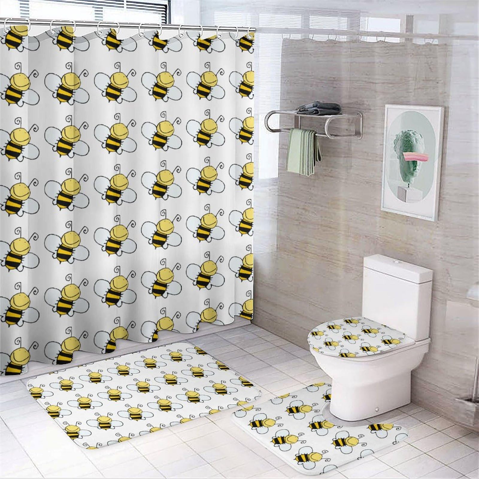 JZemdybill Bathroom Mat Set 4 Piece, Small Bee Shower Curtain with Non-Slip Bath Mats for Bathroom