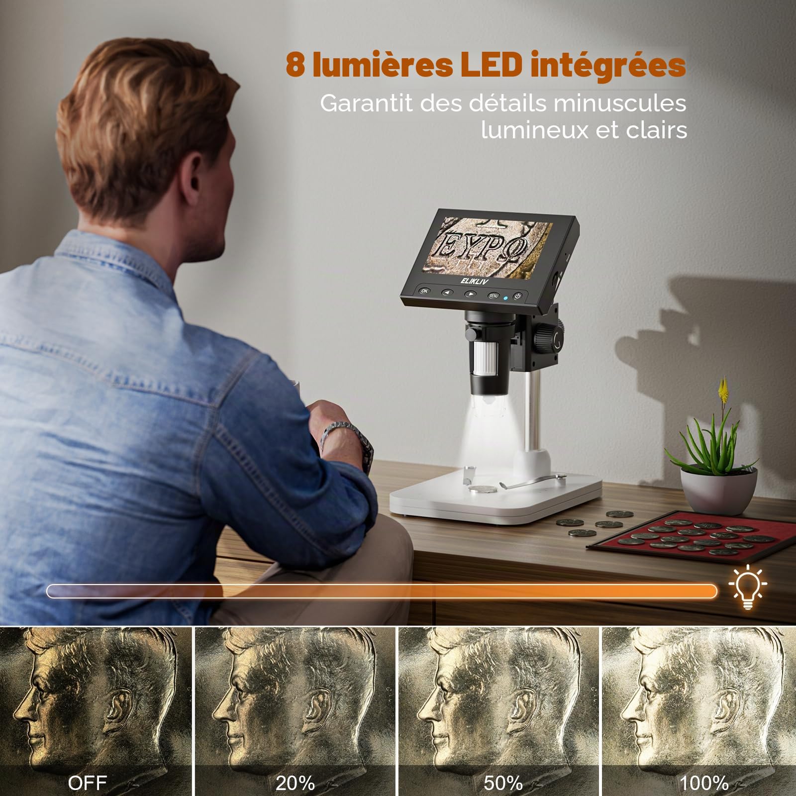 Elikliv Microscope numérique LCD pour pièces de Monnaie 1000x, Loupe avec 8 LED réglables, Vue PC Compatible avec Windows, EDM4, 4,3 Pouces