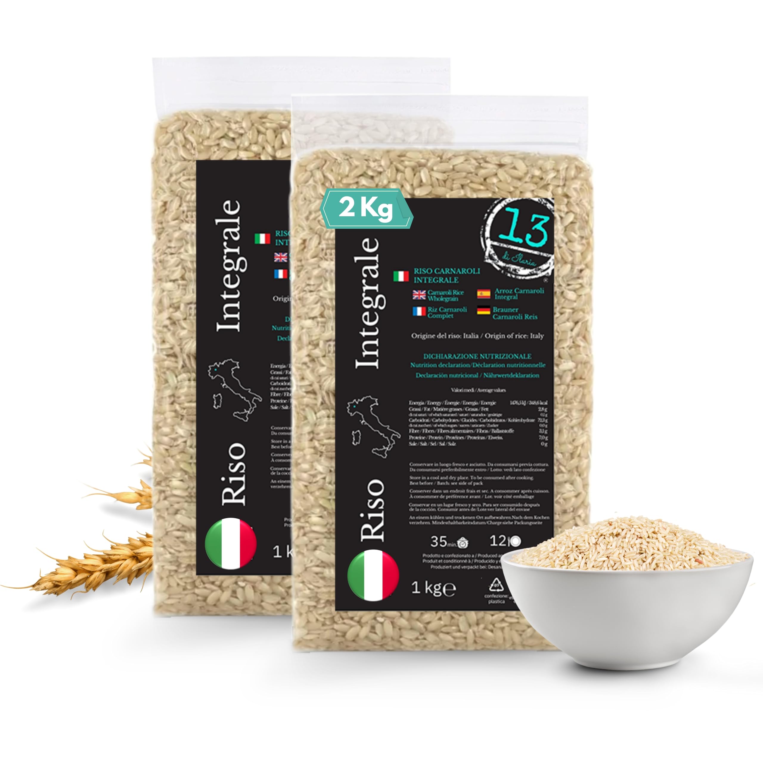 Riz Carnaroli Complet d'Italie 2 kg (2x1 kg) – Riche en Fibres | 2 sachets de 1 kg de riz Carnaroli complet d'Italie, cultivé à Vercelli, riche en fibres et naturellement sans gluten