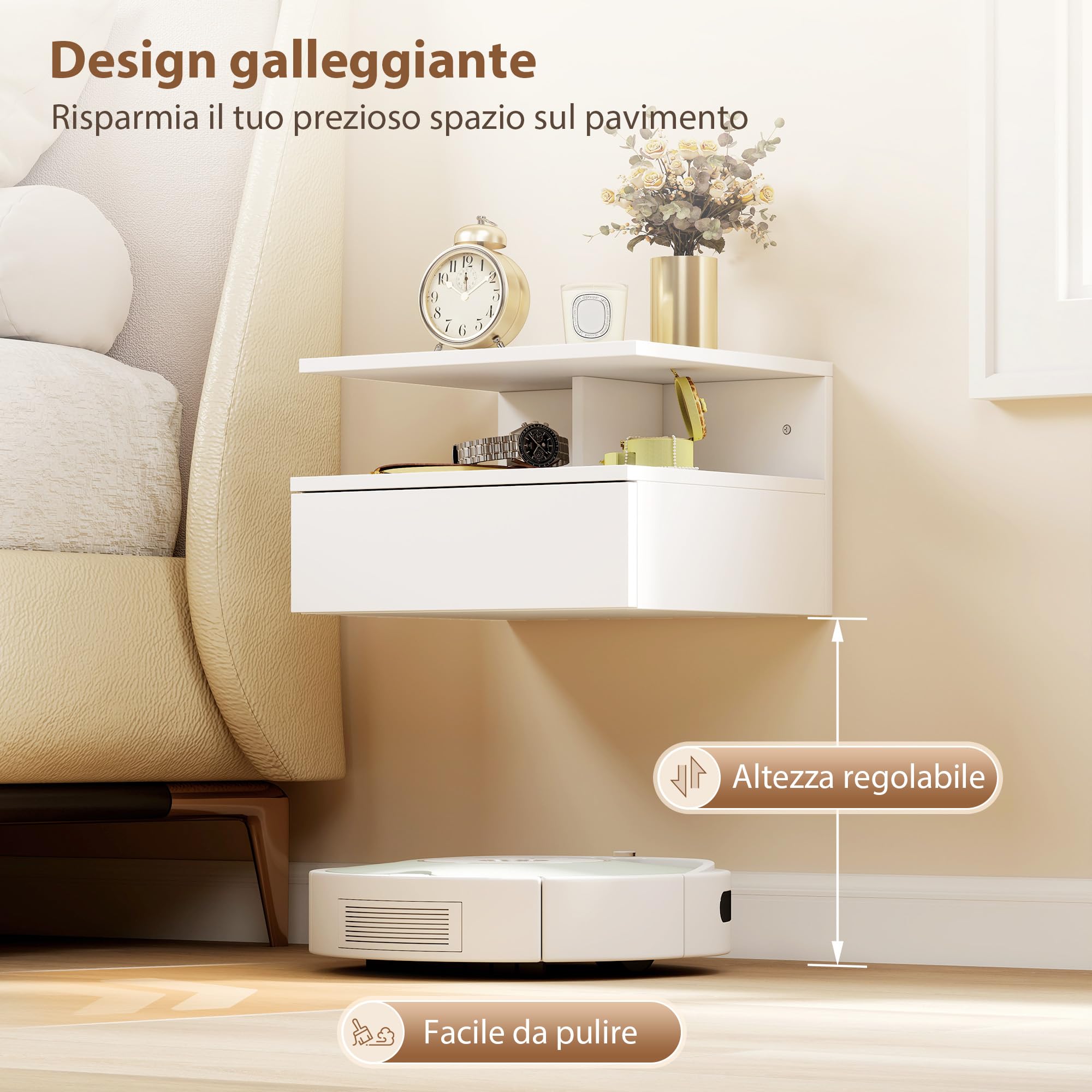 HOMCOM Set di 2 Comodini Camera da Letto Sospesi con Cassetto e Scomparto Aperto, Coppia di Comodini Moderno in Legno, Tavolini per Divano, Soggiorno, Salotto e Camera, 35x32x22.5 cm, Bianco
