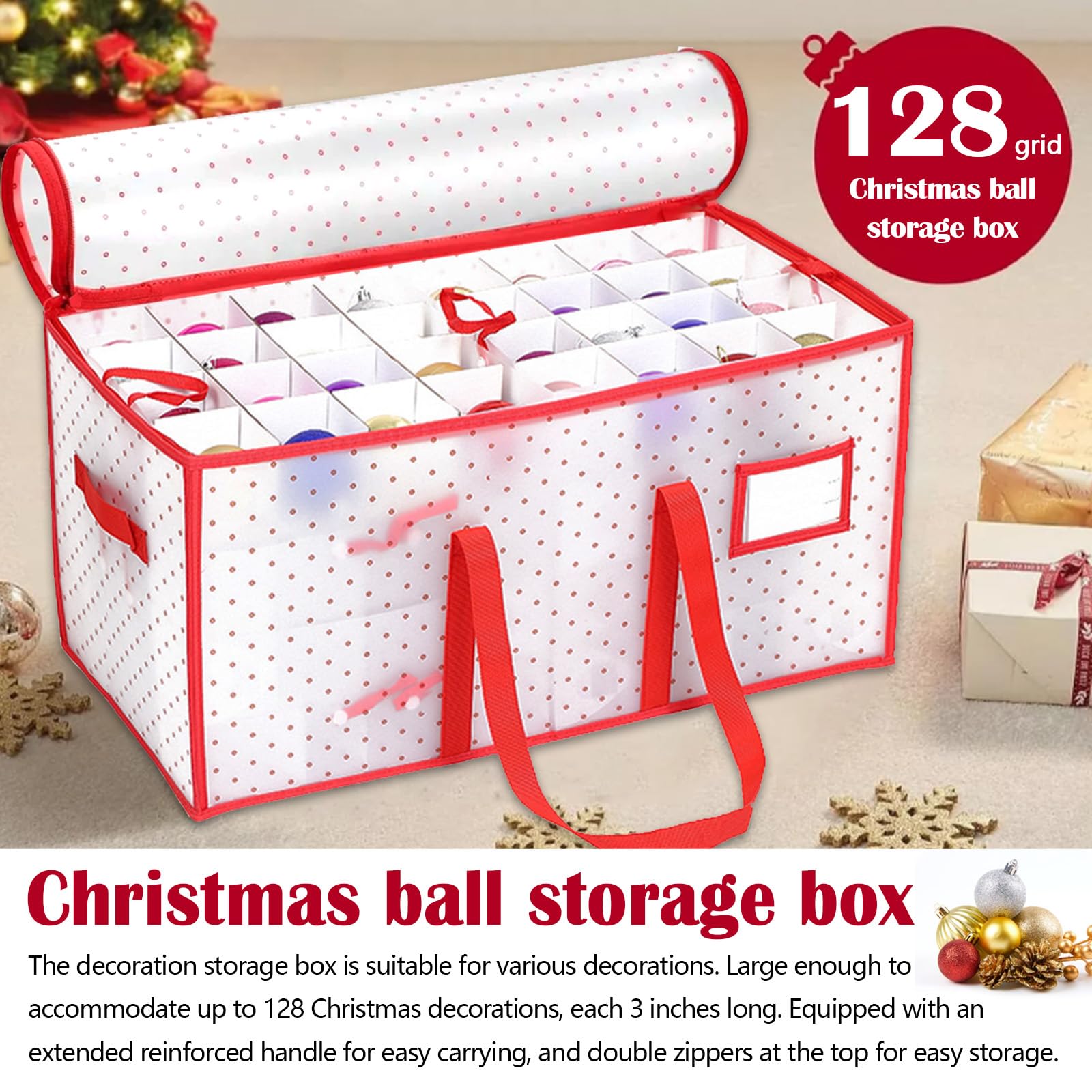 Porta Palline di Natale, Contenitore Scatola Portaoggetti con Divisori Regolabili Capacità 128 Decorazioni Ideale per Palline e Addobbi Natalizi