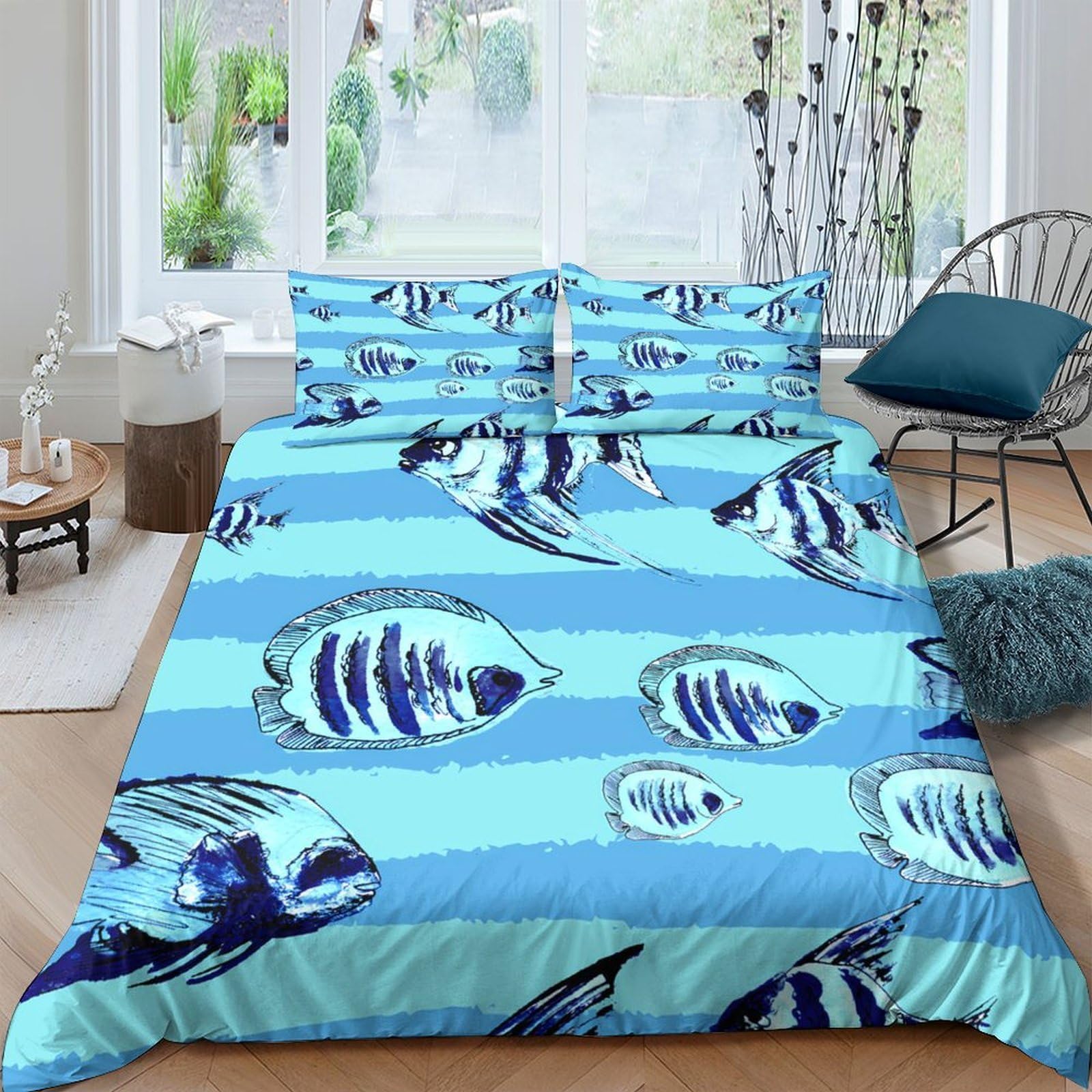 GPLZQXKJNH 3D Printed Blue Tropical Fish Duvet Cover Set Microfiber Soft Breathable Ocean Waves Bedding Set with 2 Pillowcases for Bedroom Home Decor Single（135x200cm）
