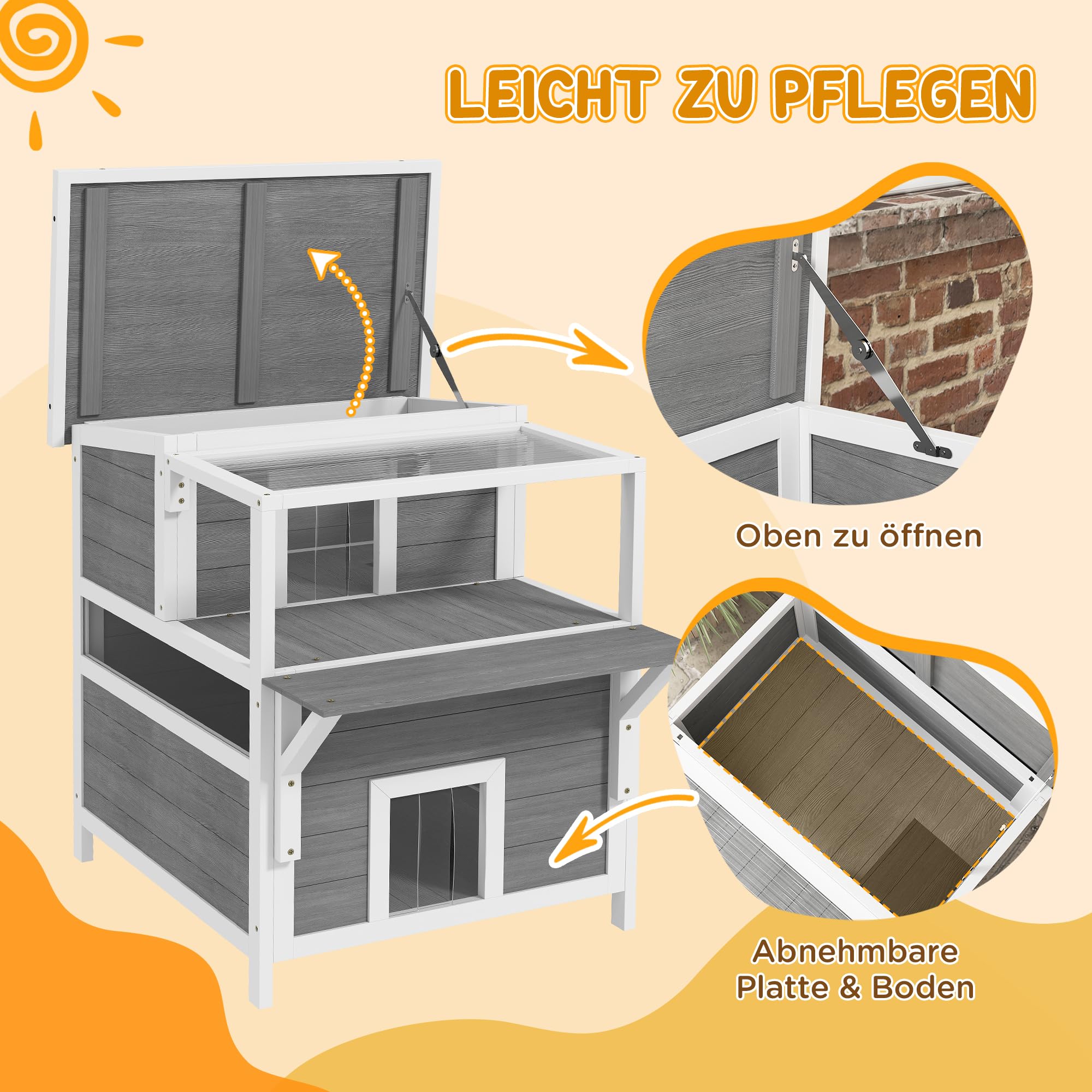 PawHut Domek dla kotów z drewna jodłowego, domek dla kotów z balkonem, wejściami, dla kotów do 5 kg, na zewnątrz, 64 x 87 x 76 cm, jasnoszary