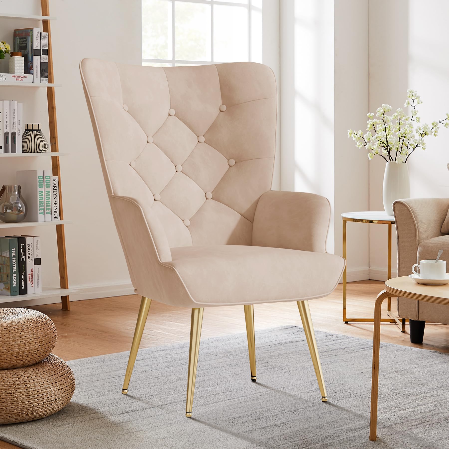 Aivermeil Armchair Tub Chair,with Footstool,High back with gold legs Comfy,Velvet Chair, for Bedrooms, Living rooms,Relaxation,150kg Load Capacity Kaki (no footstool)
