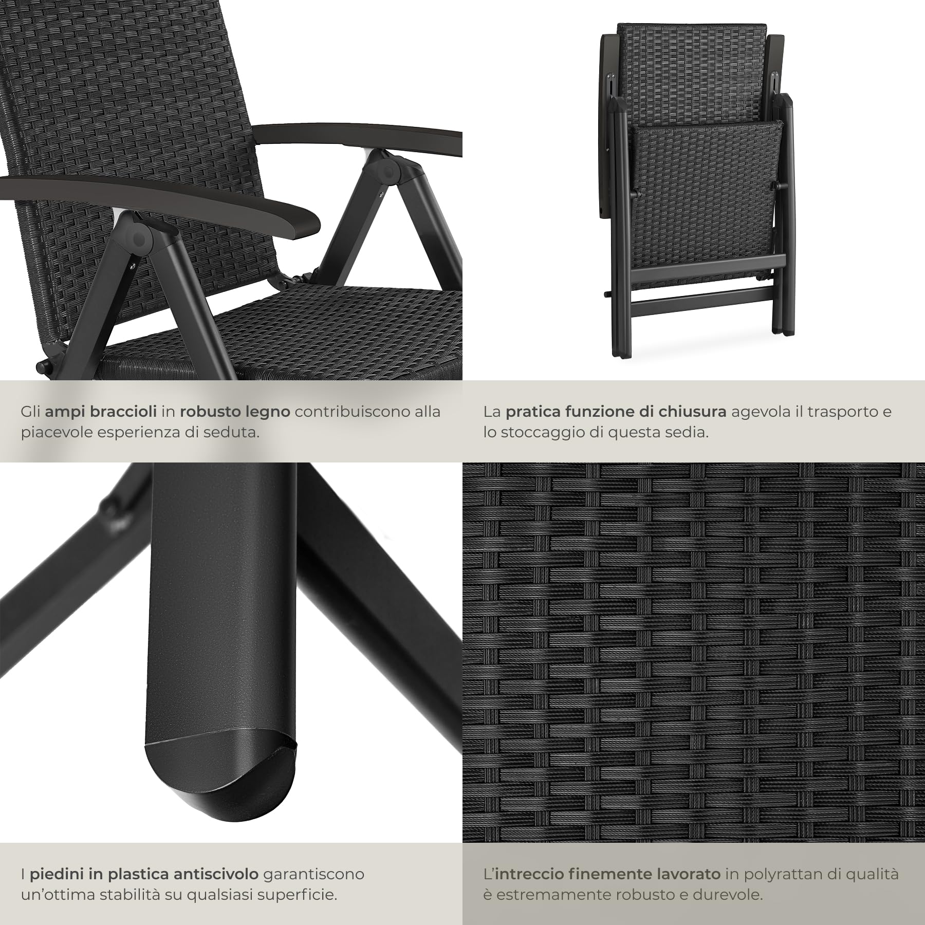 Poltrona da Giardino in Poly Rattan Regolabile Pieghevole Resistente alle Intemperie Carico Max 120 kg Nero