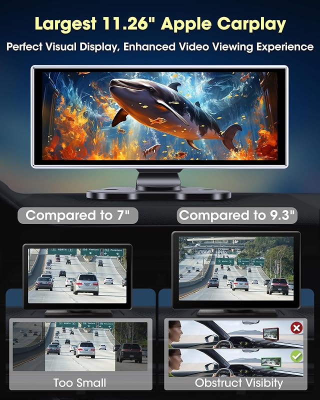 Vtopek 11,26" Vezeték Nélküli Apple CarPlay Android Autó Kijelző 2.5K Menetrögzítővel, Tolatókamerával, Bluetooth 5.0, Tükrözés Funkcióval,