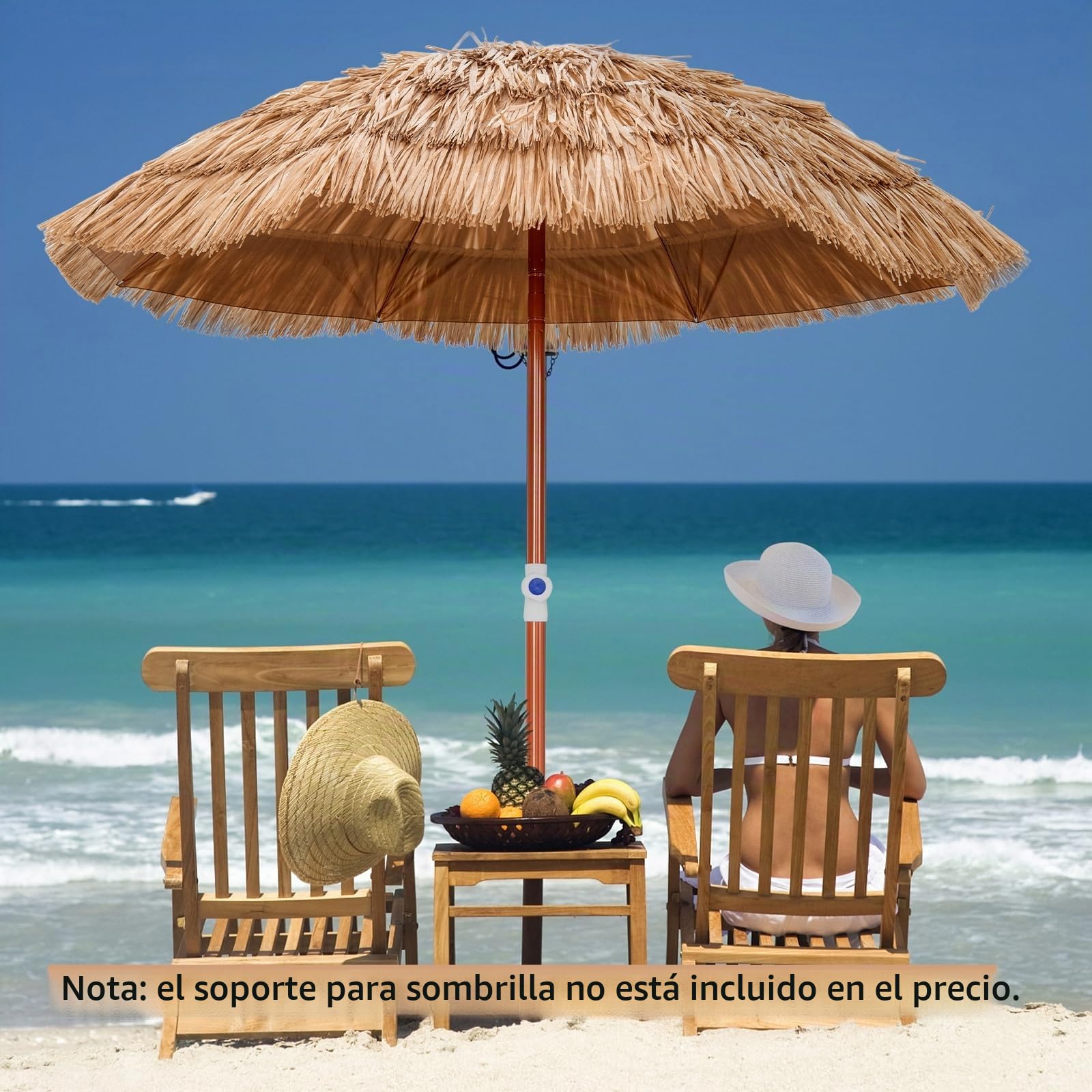KOMFOTTEU Sombrilla Hawaiana de Playa de Paja PP Inclinable | Parasol de Rafia para Jardín con Altura Regulable, Ø 155 cm, Natural