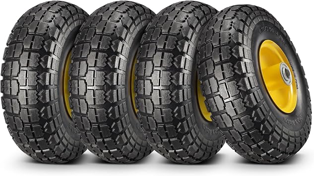 MaxAuto 10" Flat Free Tires Solid Rubber Tyre Wheels 4.10/3.50-4 Air Less Tires Wheels with 2.25" Offset Hub, 5/8" Bearings for Hand Truck/Trolley/Garden Utility Wagon Cart,4 Pack