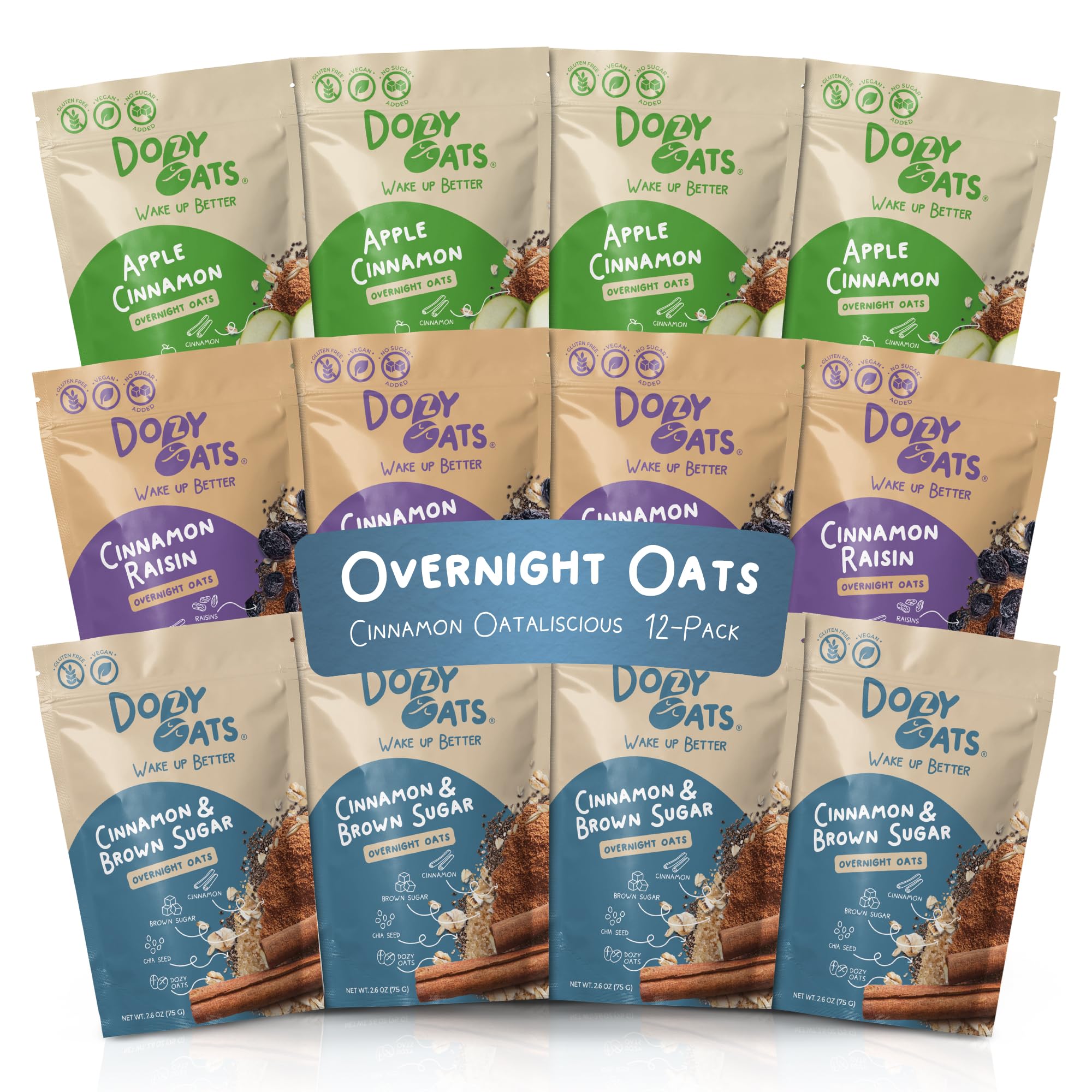 Dozy Oats Overnight Oatmeal Packets, Cinnamon Oatalicious Variety Box with Rolled Oats, Chia Seeds, Date Powder, and Dried Fruit. Gluten-Free, Natural