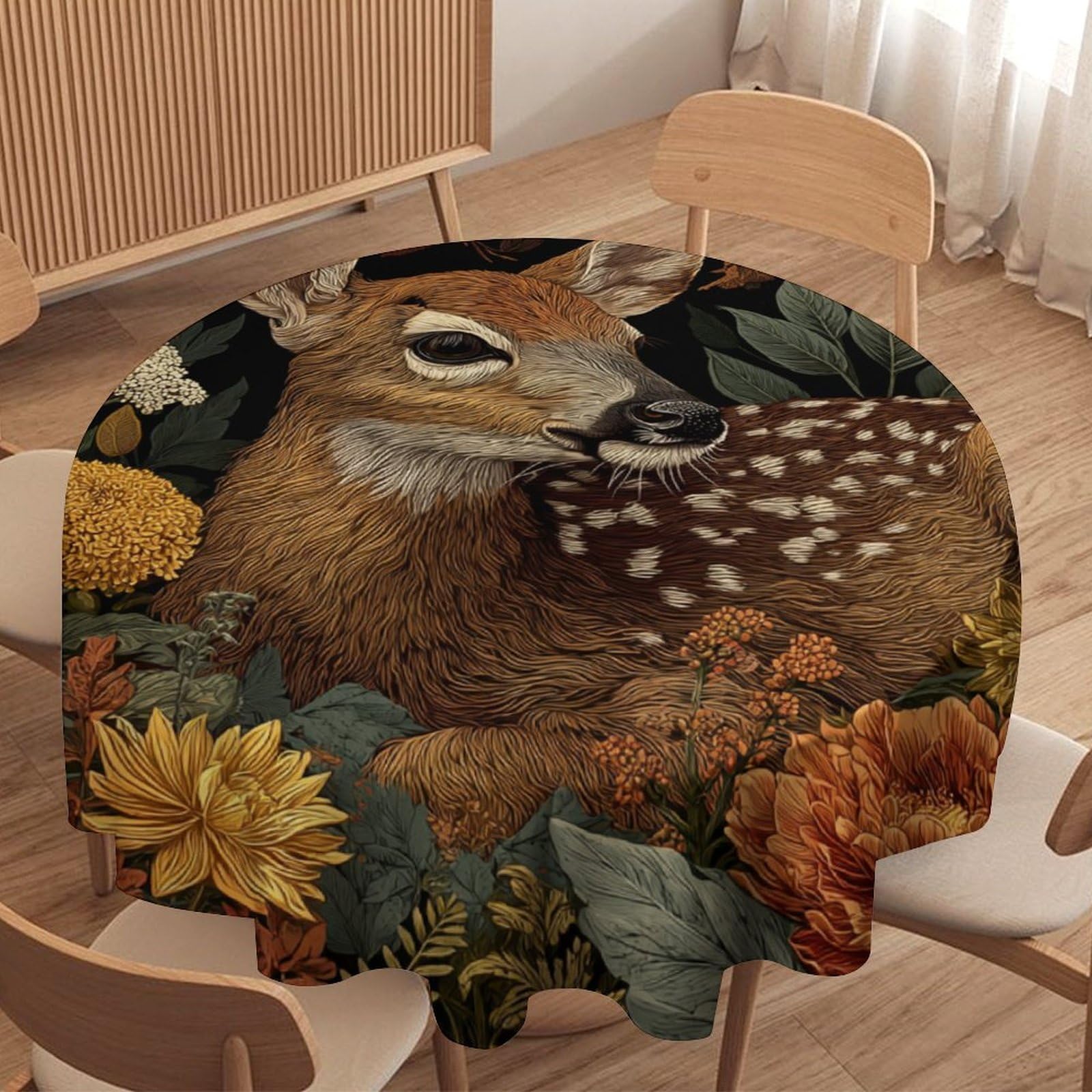 LUYYSKY Beautiful Retro Cute Deer Round Tablecloth Mid Century Antique William Morris Botanical Floral Animal Elk Washable Decor for Table Cover for Kitchen-177.8" Wx177.8 L cm