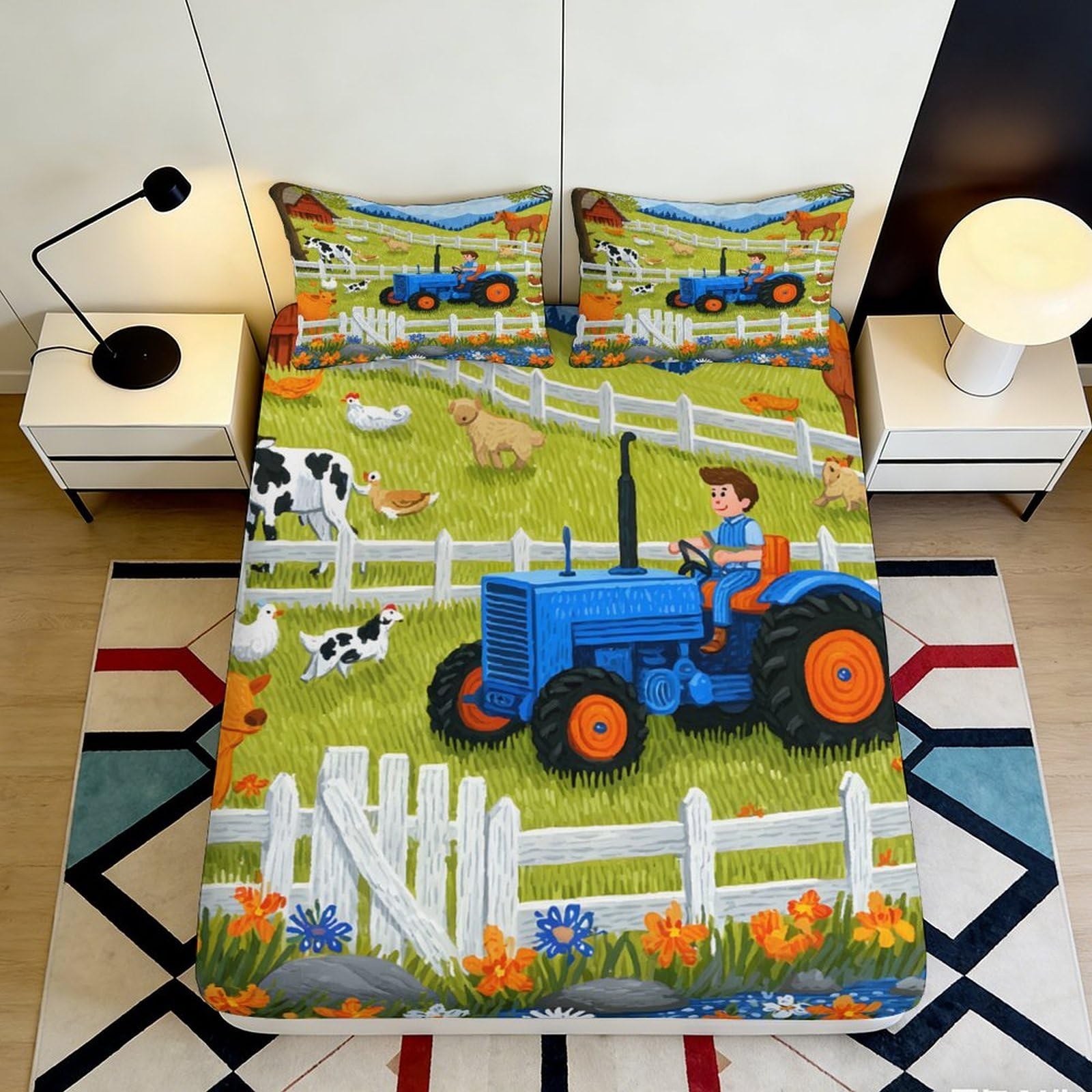 3D Printed Farm Tractor Fitted Sheet Microfiber Decorative Animal Pastoral Mattress Cover for Bedroom Guestroom Dorm Use 90x200x25cm