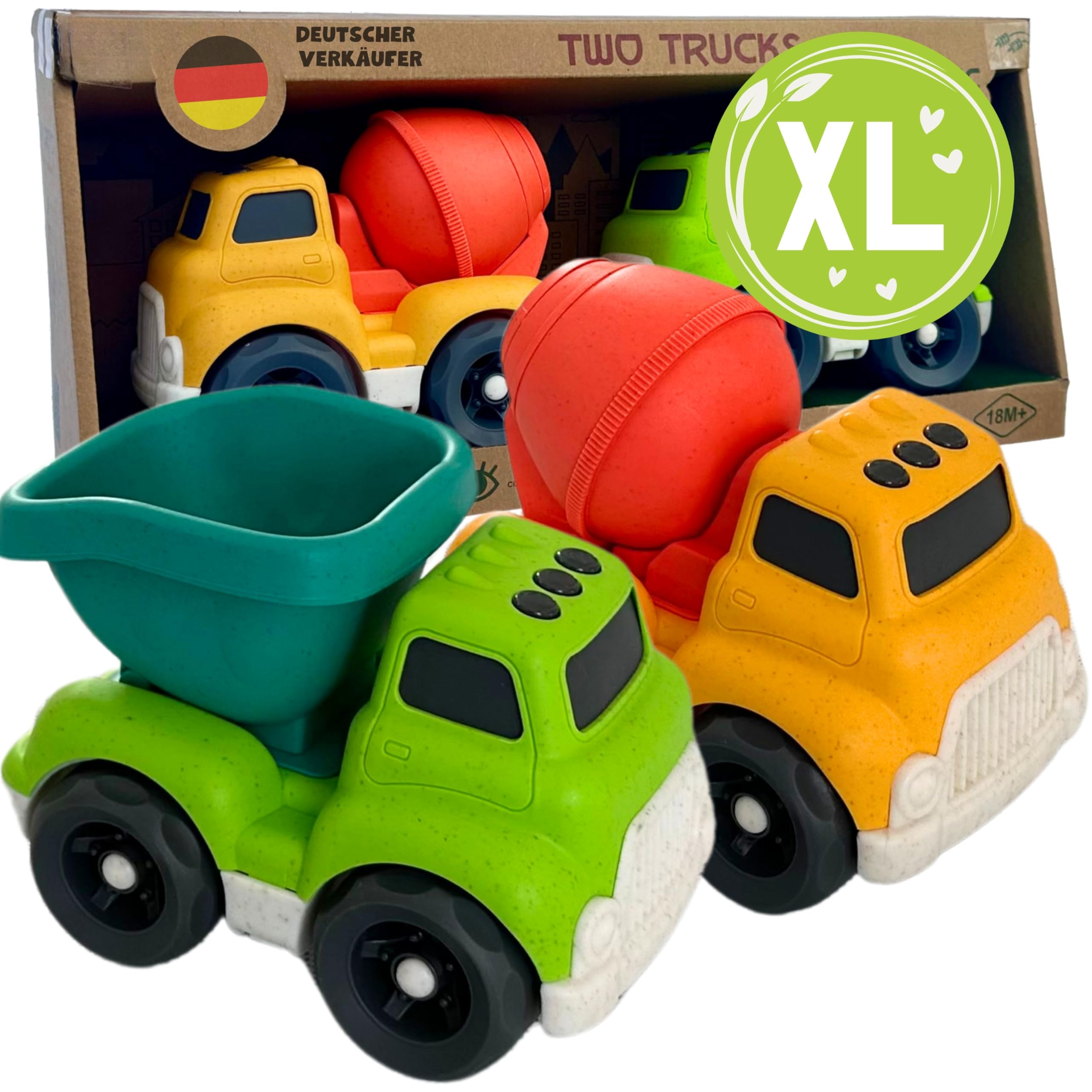 BIOPLAY XL Sandspielzeug ab 1 Jahr aus Bio Kunststoff | 2er Set Trucks | für Jungen & Mädchen | Kinderspielzeug | Fahrzeuge ab 1 Jahr | Kipplaster Betonmischer Spielzeug