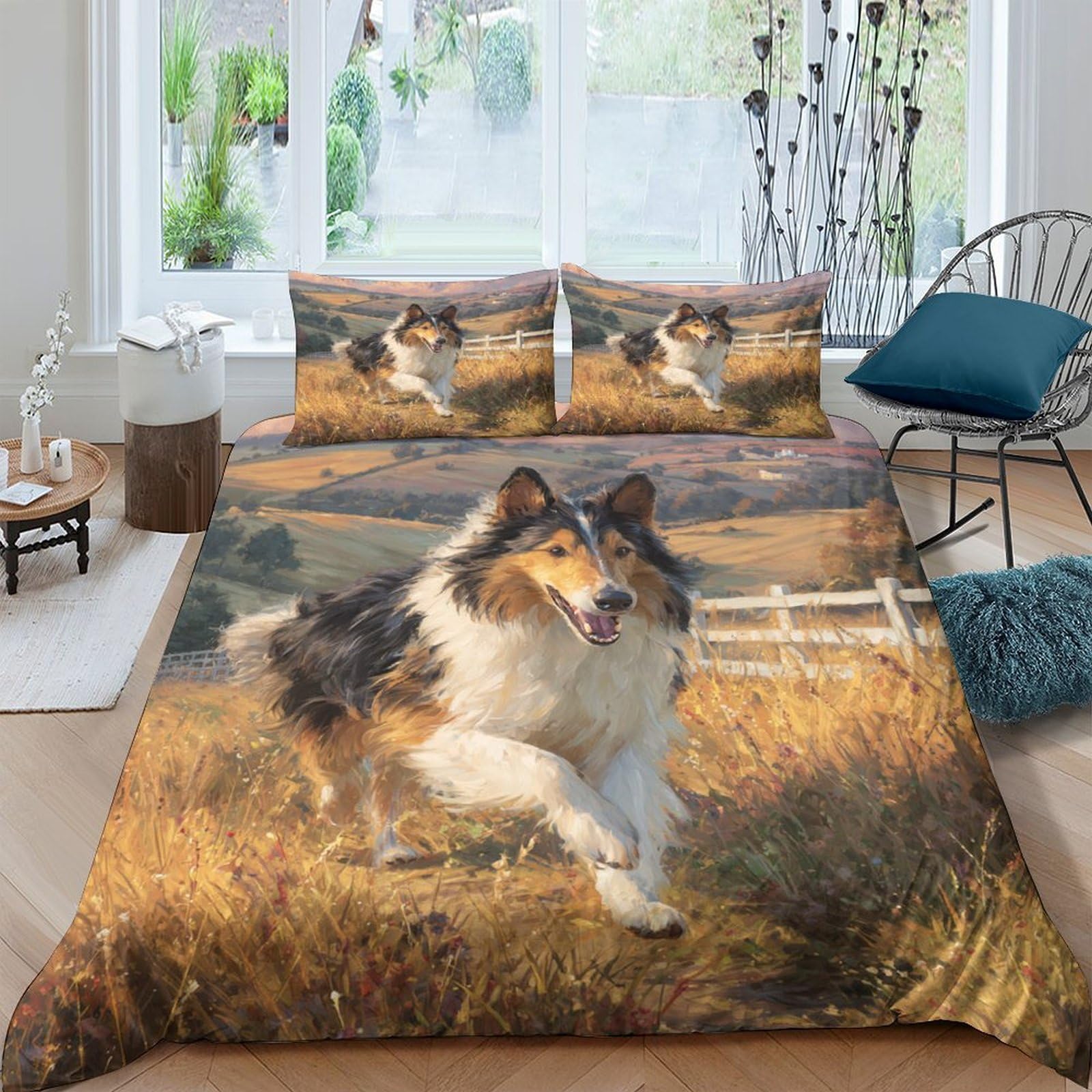 Ctjqhvkz Style-1 3D Printed Pastoral Collie Fitted Sheet Microfiber Soft Anti-Slip Field Landscape Bed Cover For Bedroom Guest Room Single（135X200cm）