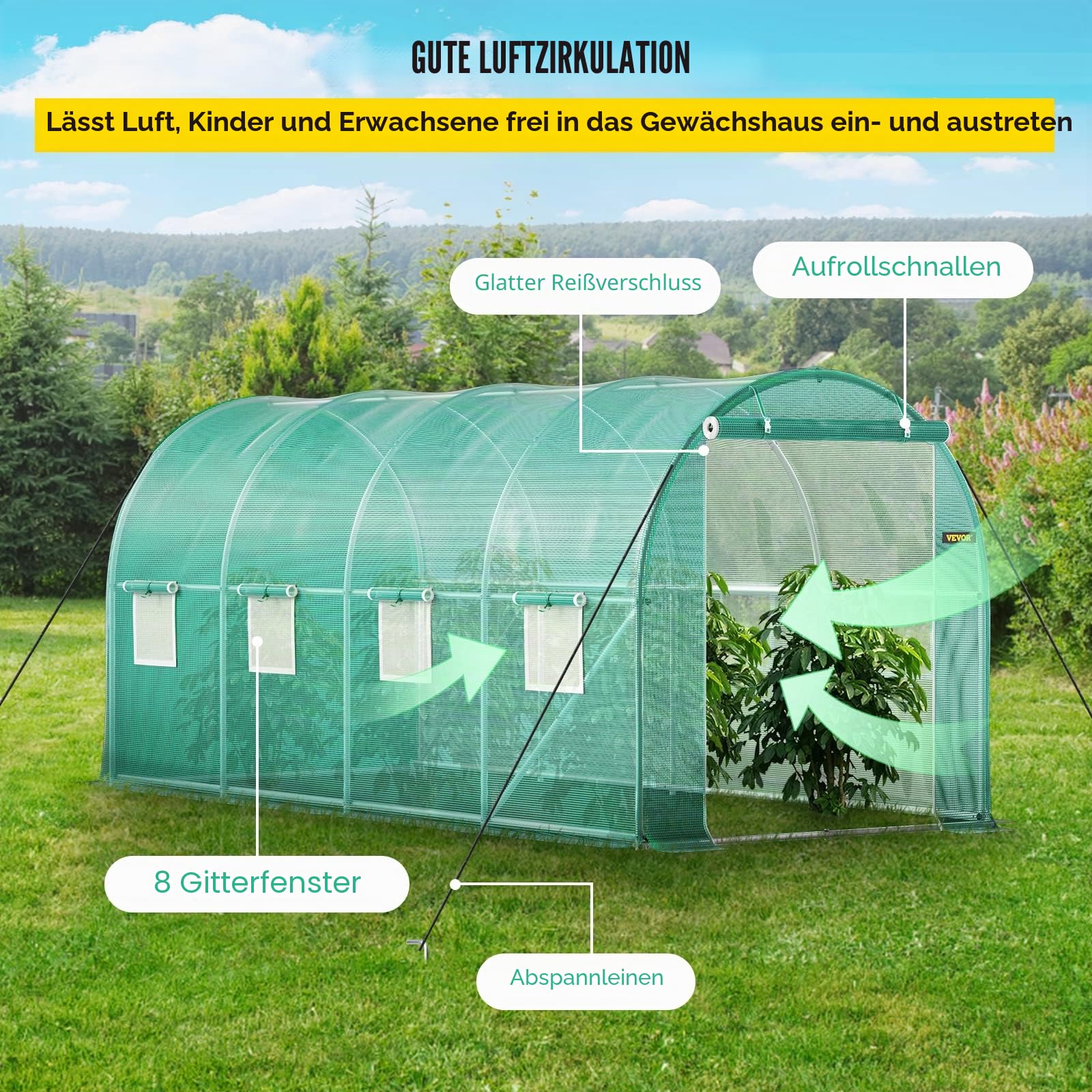 VEVOR Foliengewächshaus 4,6x2,1x2,1m Bogendach Gewächshaus Verzinkter Stahlrahmen PE Abdeckung Frühbeet Treibhaus Wasserdicht UV-Beständig Grün Mobiler Folientunnel Ideal für Anbau von Gemüse Blumen