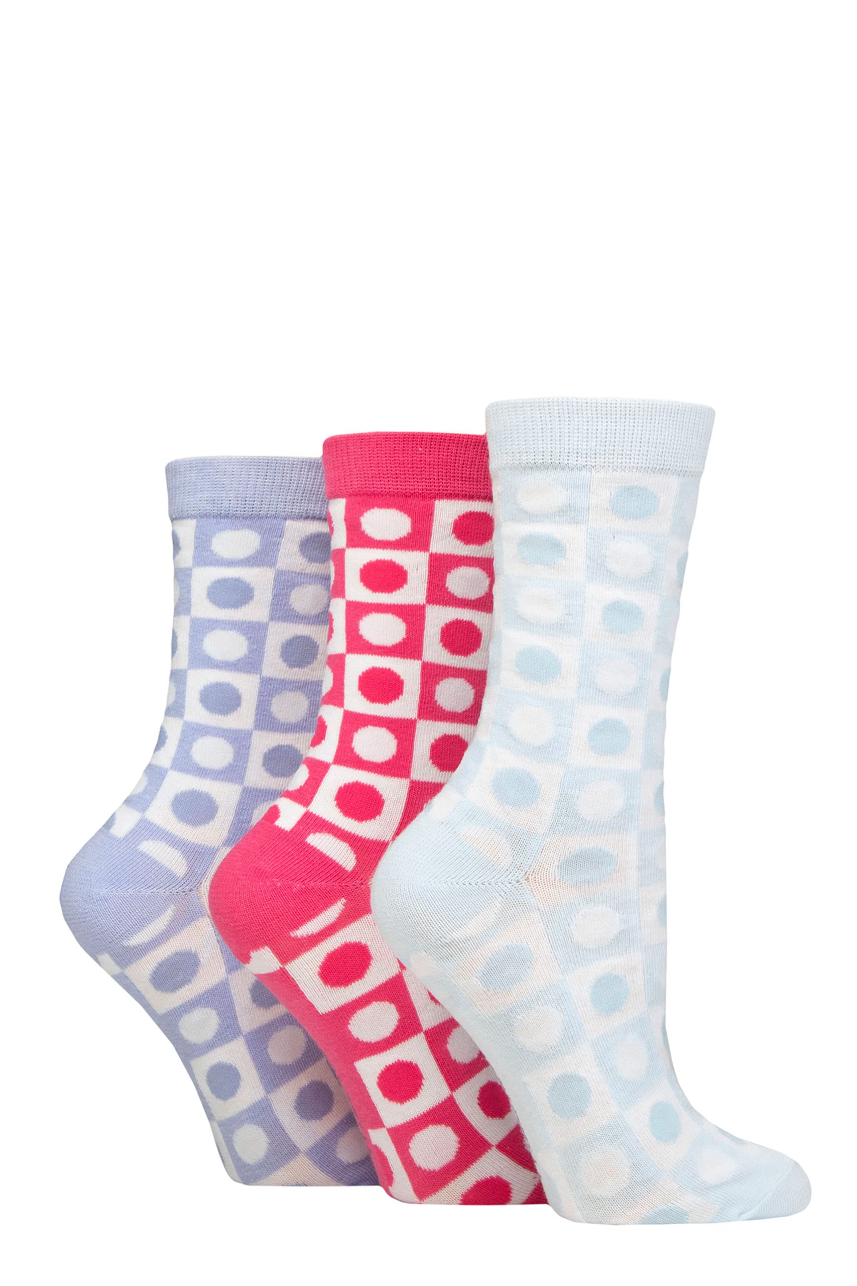 SockShop Wildfeet Ladies Cotton Novelty Patterned Socks Pack of 3 Spotty Check Blue/Pink/Purple 4-8