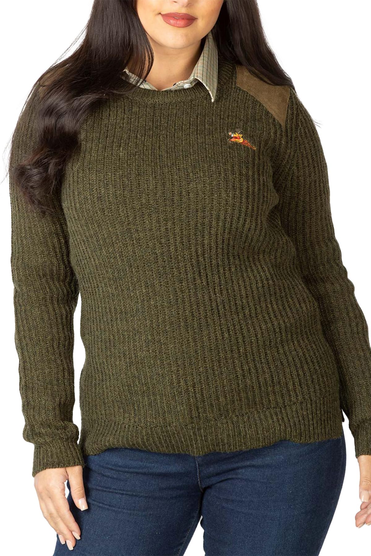Rydale Chunky Shooting Sweater Pheasant Motif Wool Hunting Jumper Sweatshirt (UK, Numeric, 12, Regular, Regular, Olive Tweed)