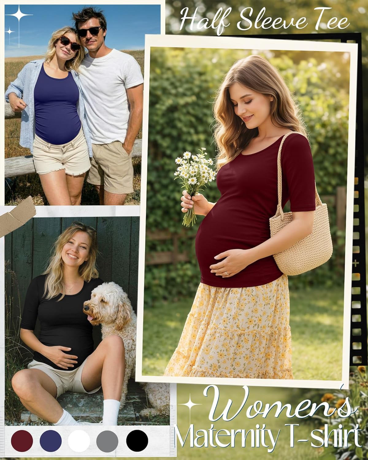 5 Pack Women's Maternity Shirts, Scoop Neck Maternity Top Casual Half Sleeve Tee Side Ruched Pregnancy Clothes