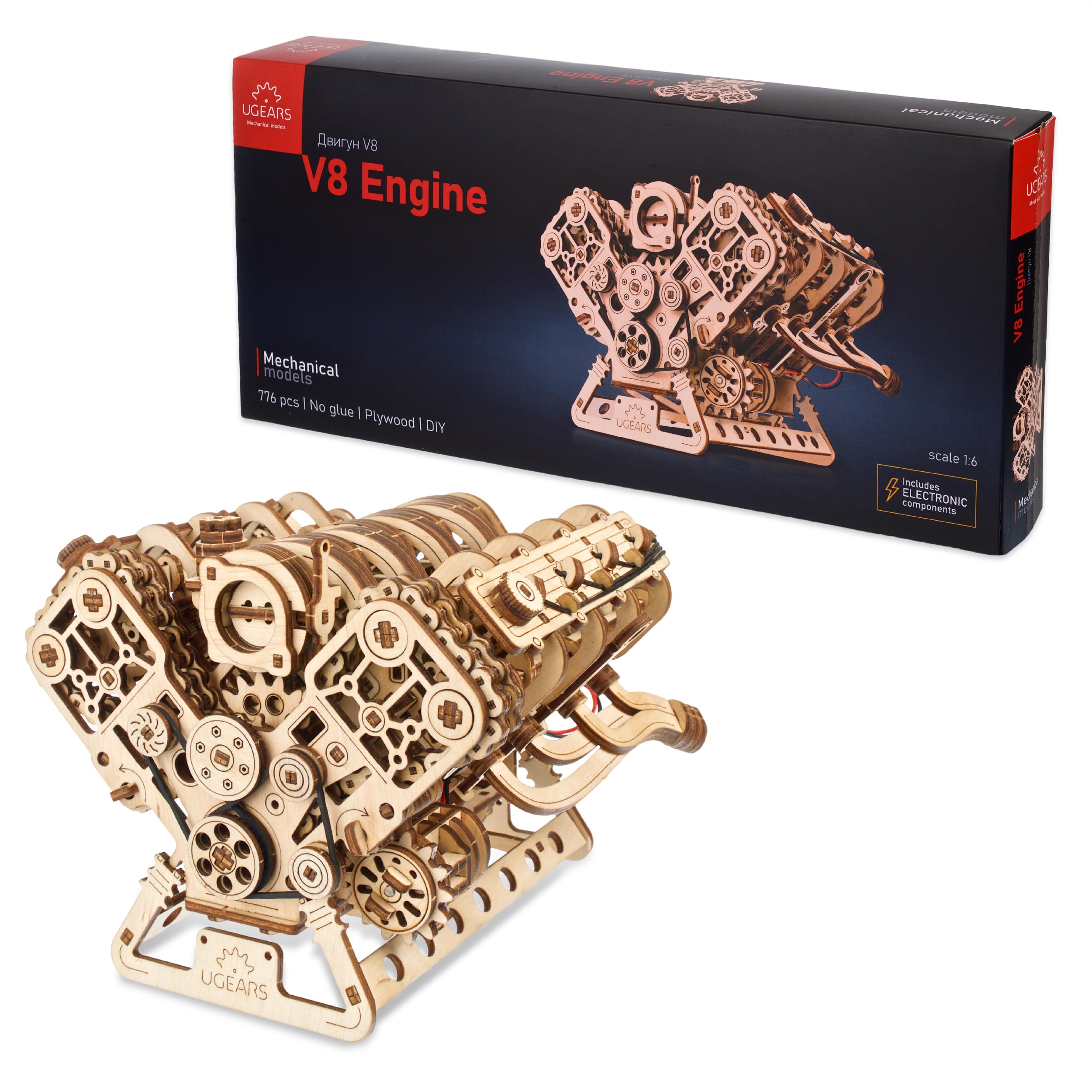 Ugears Maquette Moteur V8 À Construire - Puzzle 3D Bois Adulte