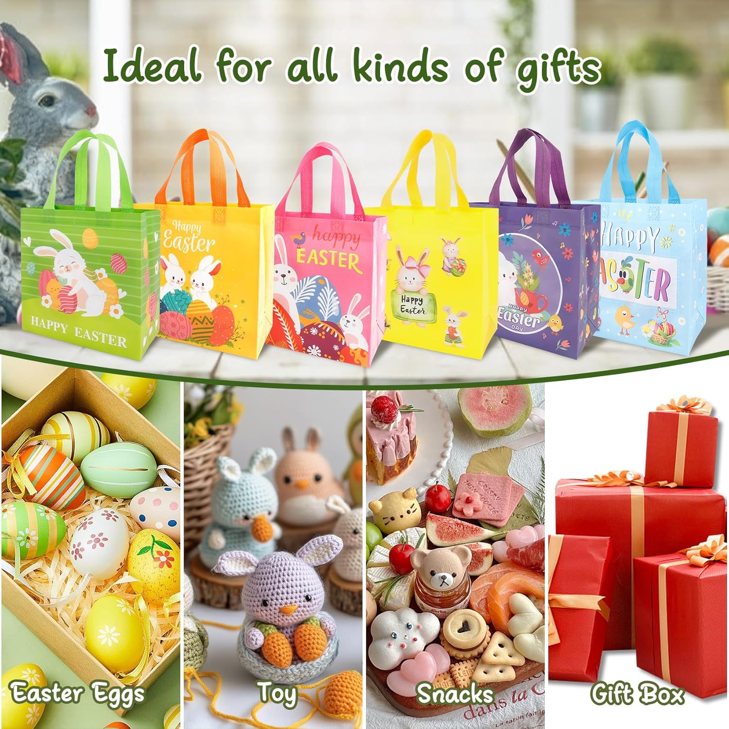 Easter Gift Bags with Handles, 6 PCS Easter Bags Reusable, Non-Woven Easter Tote Bags, Easter Egg Hunt Bags Goodie Snack Candy Treat Bags for Gifts Wrapping Easter Party Favor Supplies, 9"x8.7"x4.3" - Image 7