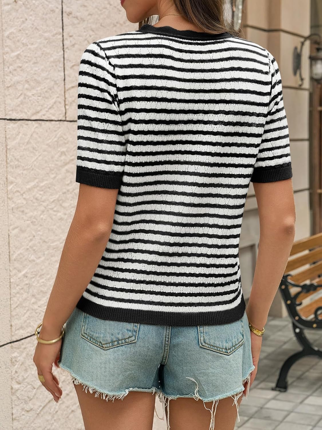 Saodimallsu Womens Short Sleeve Sweaters Striped Henley Knit Shirts Casual Summer Crochet Lightweight Pullover Tops - Image 5