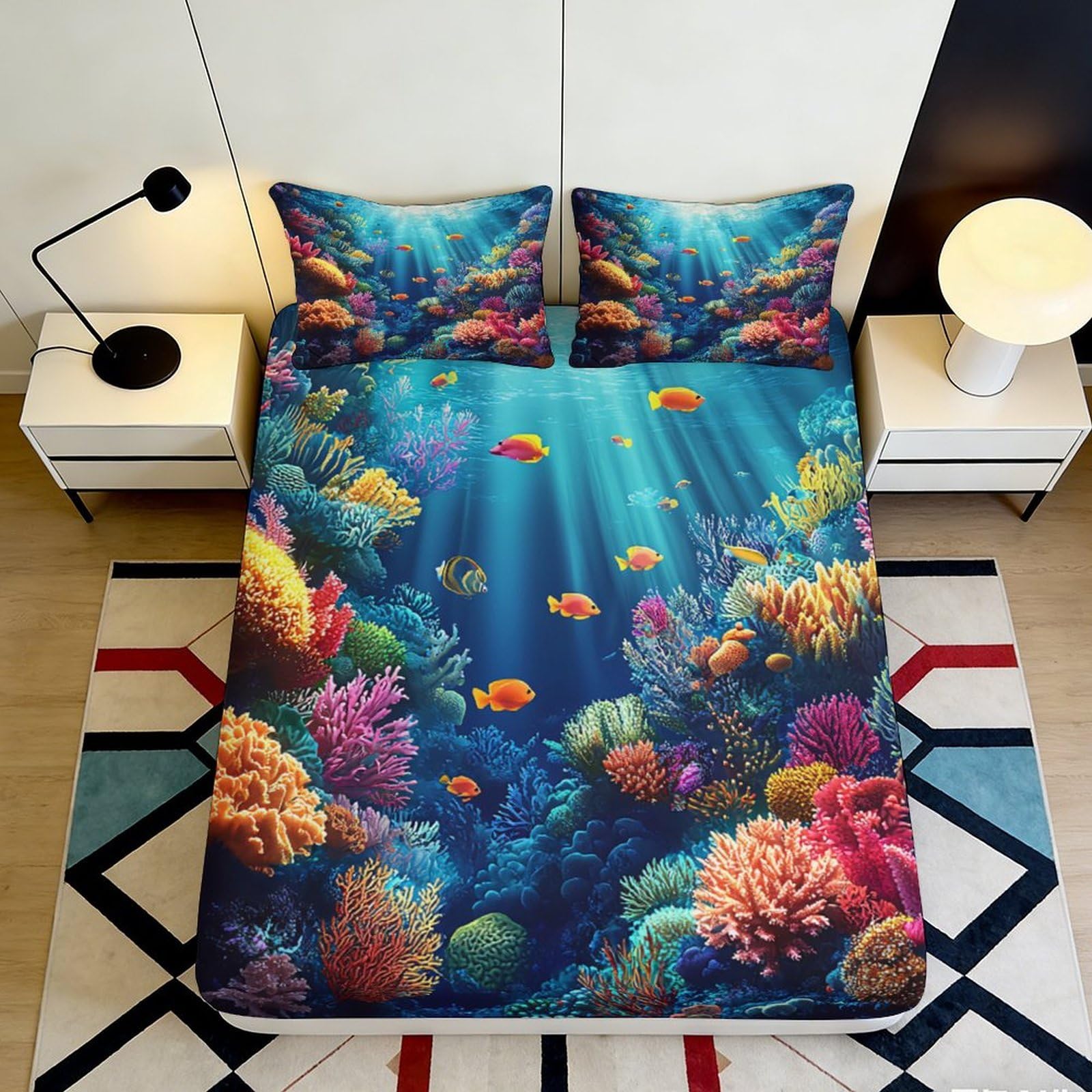 3D Printed Ocean Coral Reef Fitted Sheet Microfiber Soft Mattress Cover for Bedroom Guest Room Dorm Decor 90x200x25cm