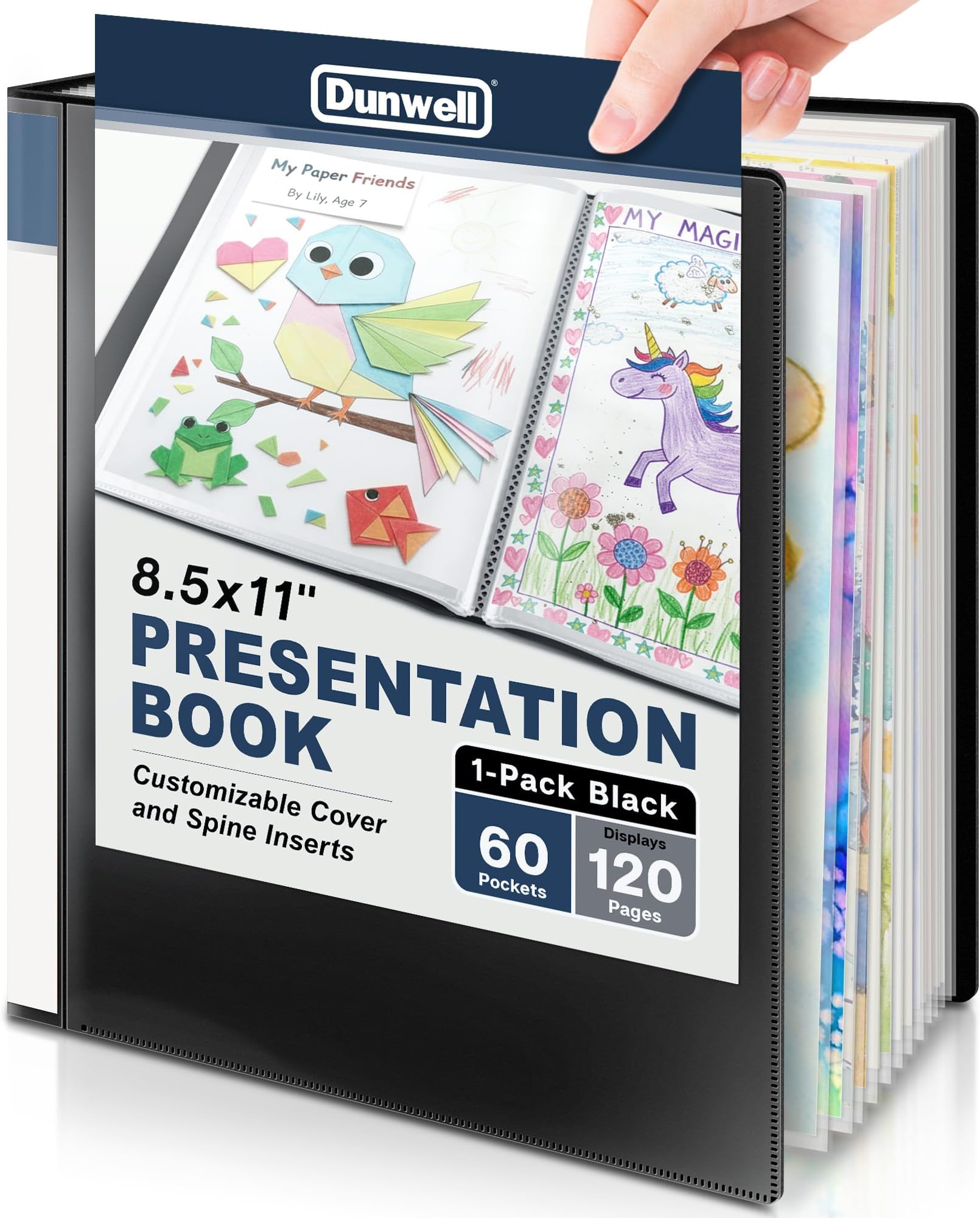 Dunwell Presentation Binder 60-Pocket, Displays 120 Pages, 8.5x11 Portfolio Binder with Plastic Sleeves, Storage and Organizer for Documents, Photos, Kids Artwork, Projects, Recipes (Black)