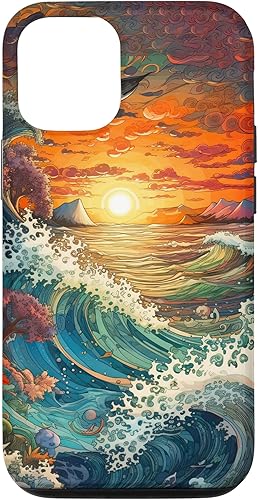 iPhone 13 Sunset Ocean Wave Pintura para amantes de la playa y funda de surfista