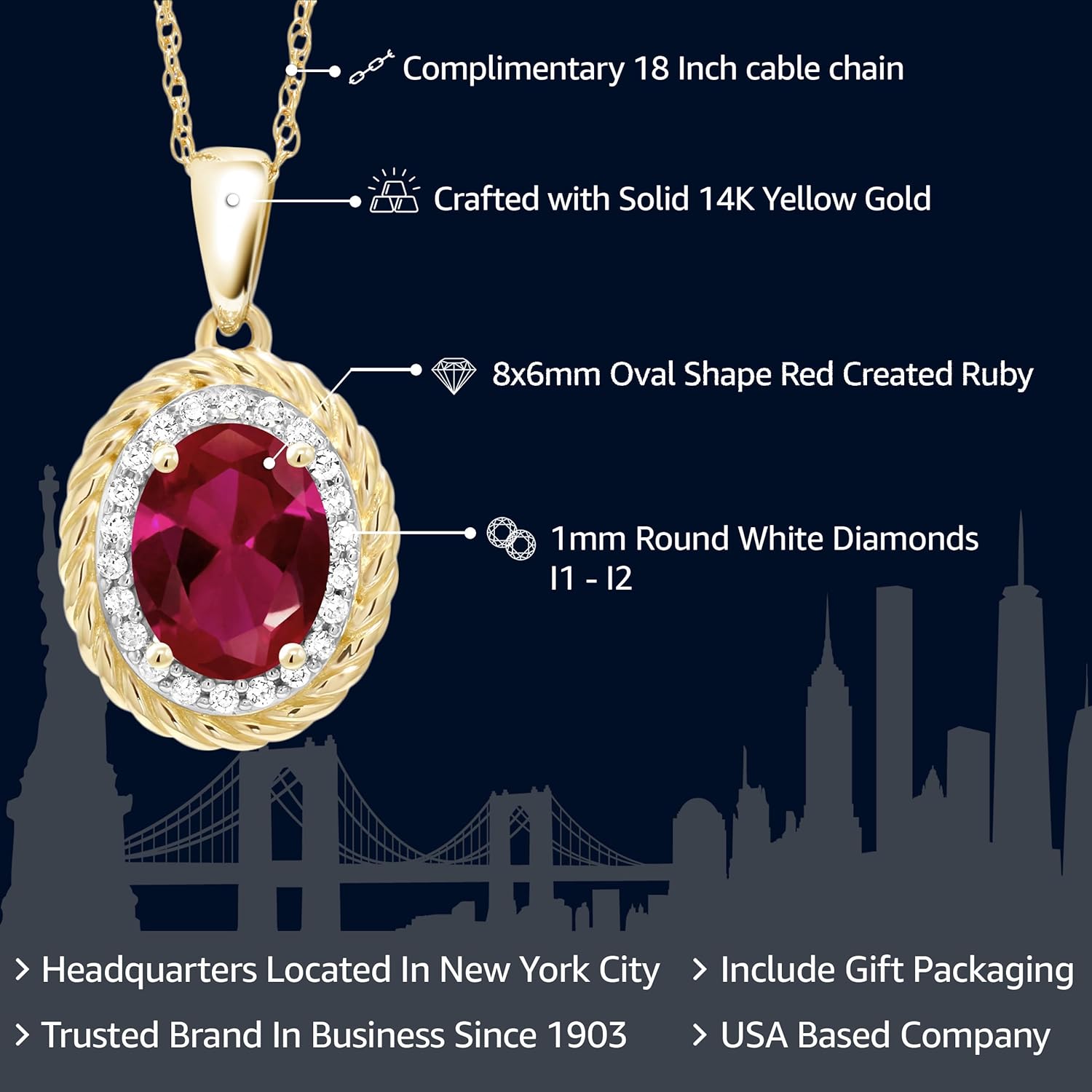 Gem Stone King 14K Yellow Gold Gemstone Birthstone and White Diamond Necklace | Oval 8X6MM | Gold Necklace for Women | With 18 Inch Chain - Image 2