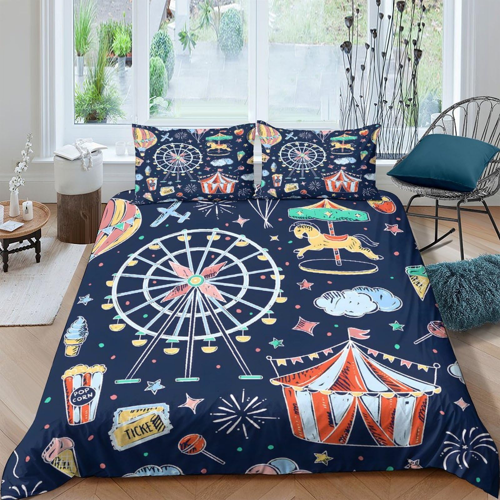 Ctjqhvkz Style-10 3D Printed Carnival Ferris Wheel Fitted Sheet Microfiber Soft Dark Blue Circus Tent Bed Cover For Bedroom Decor Single（135X200cm）