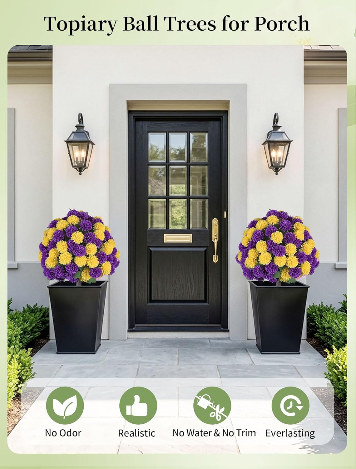 BLOSMON Fake Mums Topiary Trees - 2-Pack 33" Purple Yellow Pom Poms Flower Artificial Shrubs for Outdoors Planters - Fake Silk Floral Plants Indoor Outside Front Porch Urns Yard Entryway Decoration