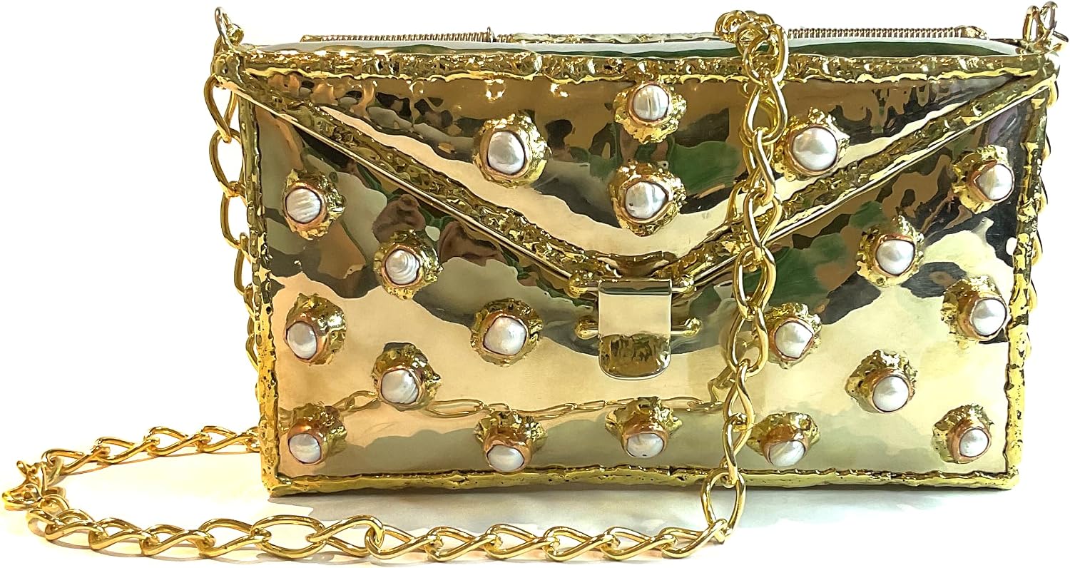 Mistica Mexicana Metallic crossbody bag, handmade, gold chain strap, 100% Natural pearl embellishments