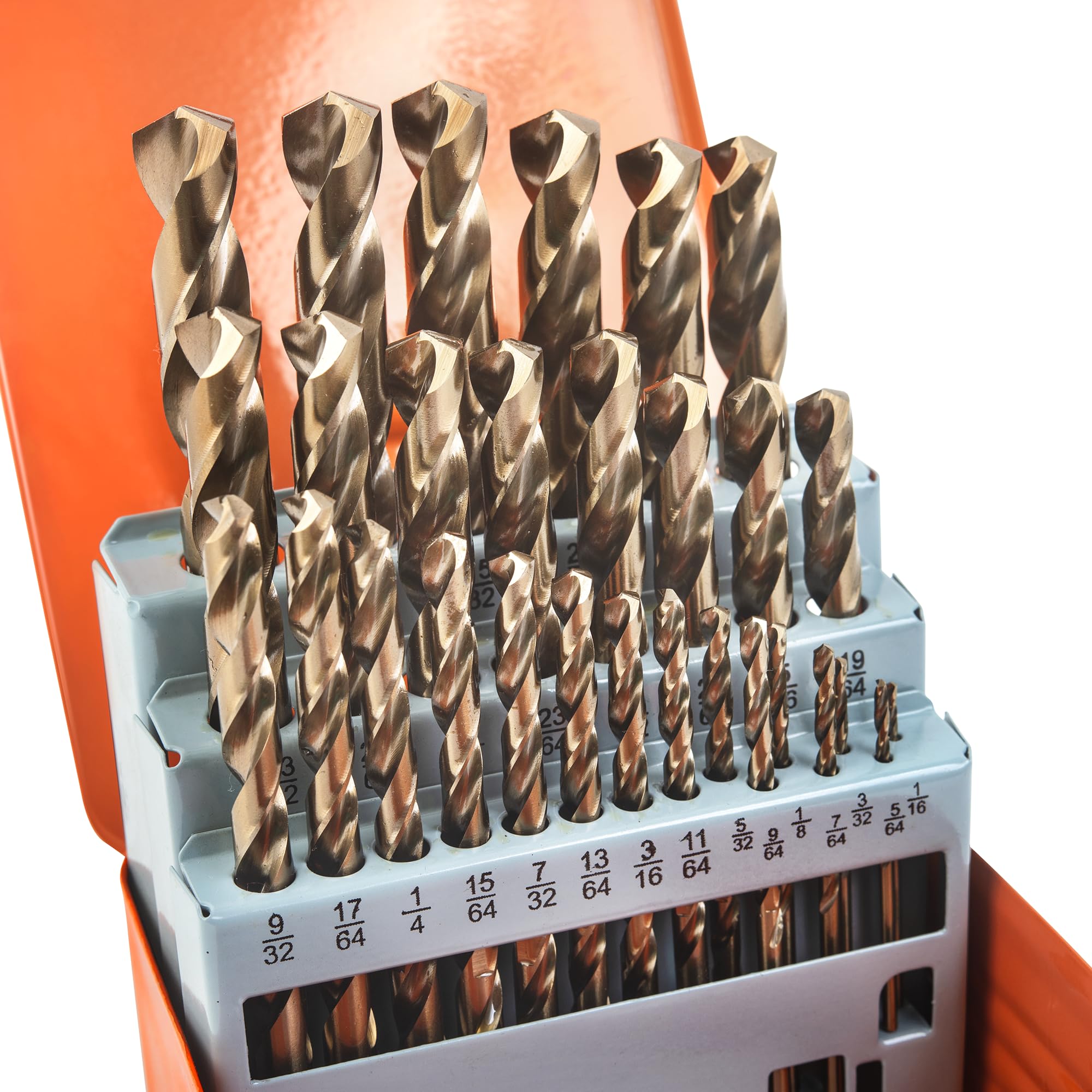 KENDO 29PCS Cobalt Drill Bit Set (1/16''-1/2''), M35 High Speed Steel, Twist Jobber Length for Hardened Metal, Stainless Steel, Cast Iron, Wood and