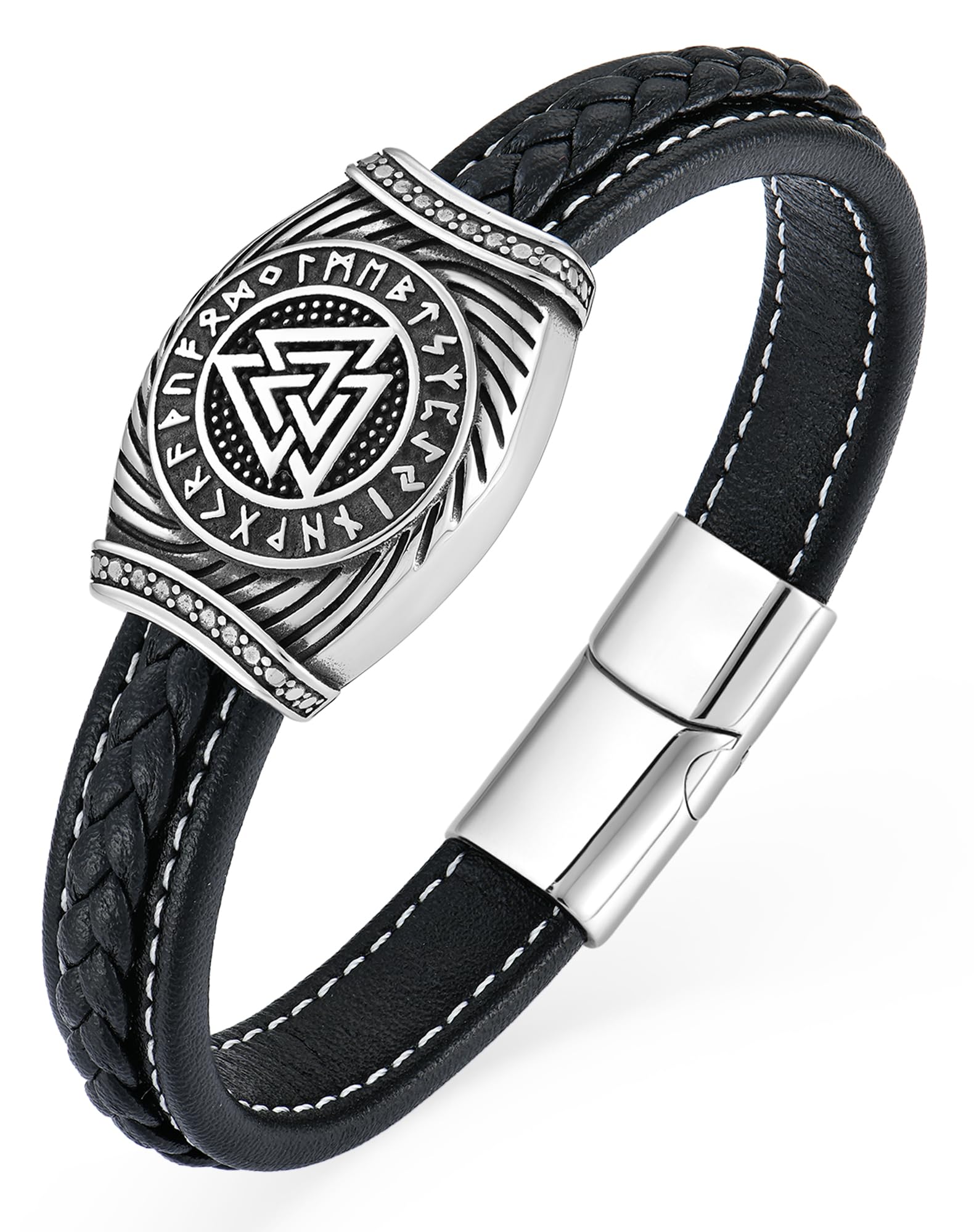 YL Mens Cross Viking Celtic Ankh Odin Compass Life Tree Leather Bracelet 18K Gold Black Rhodium Stainless Steel