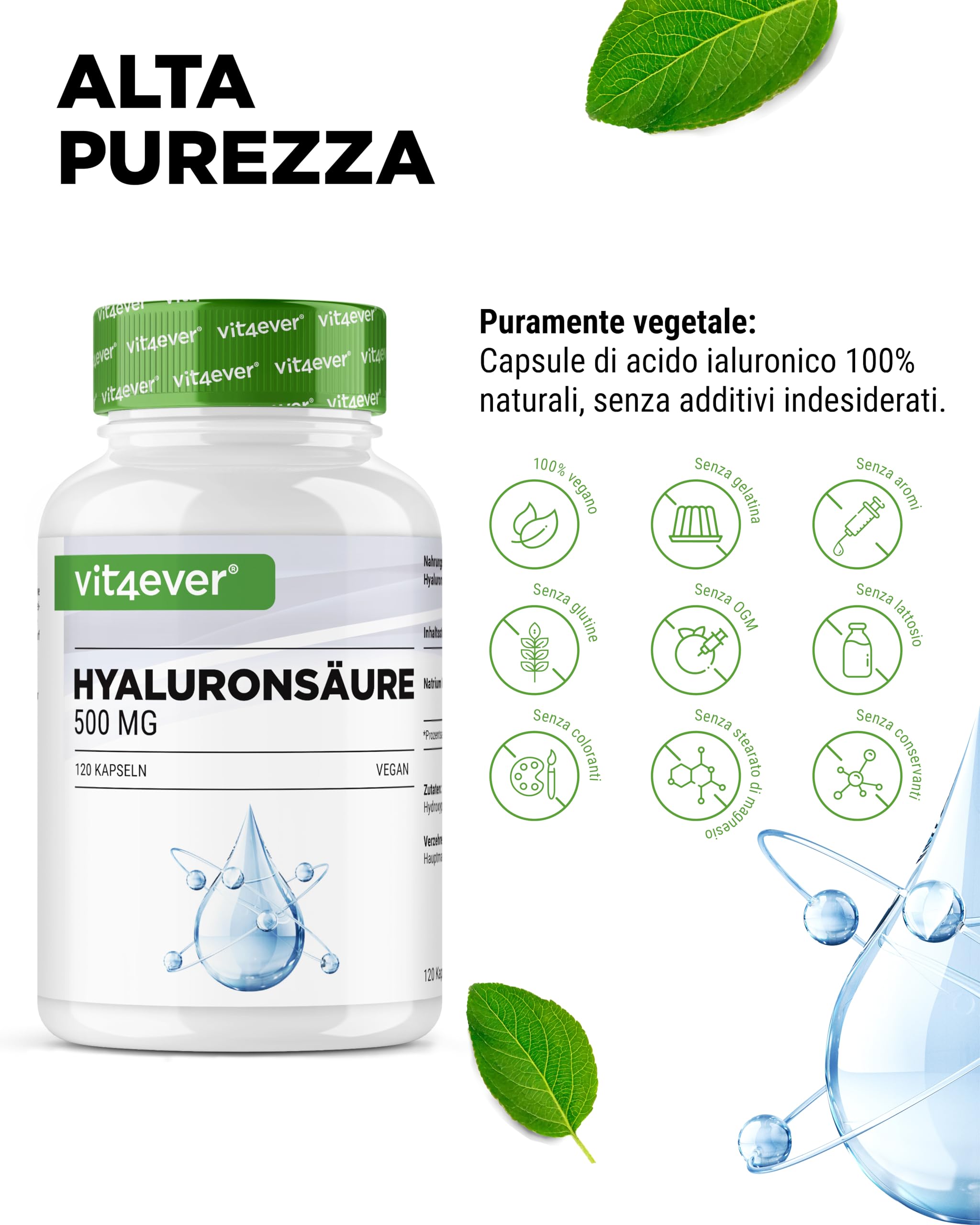 Acido ialuronico - 120 capsule con 500 mg di acido ialuronico per 4 mesi - 500-700 kDa - Da fermentazione vegetale - Senza additivi indesiderati, altamente dosato, vegano