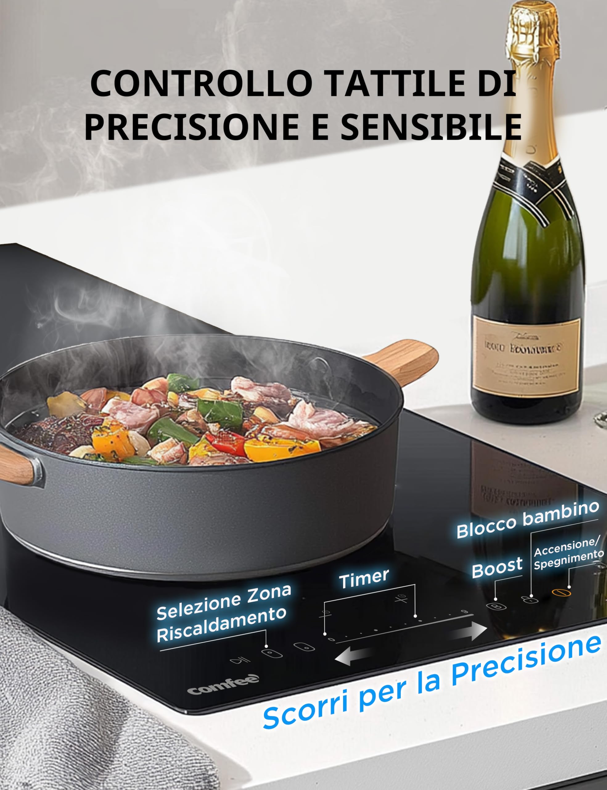 COMFEE' CIH351D257K0 Piano Cottura a Induzione Incorporato con 2 Zone di Cottura, 9 Livelli di Potenza, Area Riscaldamento più Ampia del 20% con Funzione Boost, Controllo Touch, Blocco Bambino