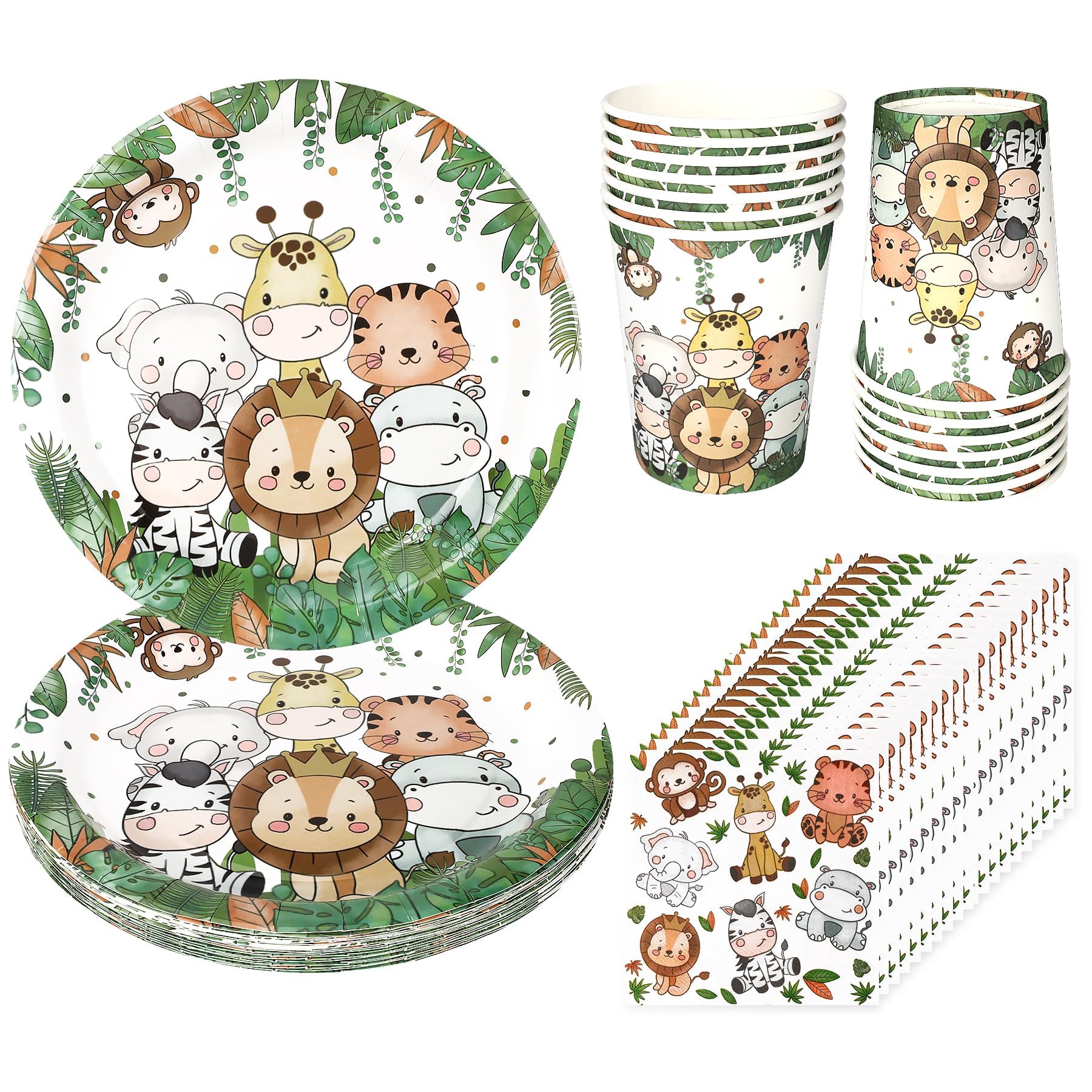 Jungle Safari Party Tableware, 52 Pieces Dinosaur Birthday Tableware Set for 16 Guests, Colourful Paper Plates, Paper Cups, Napkins