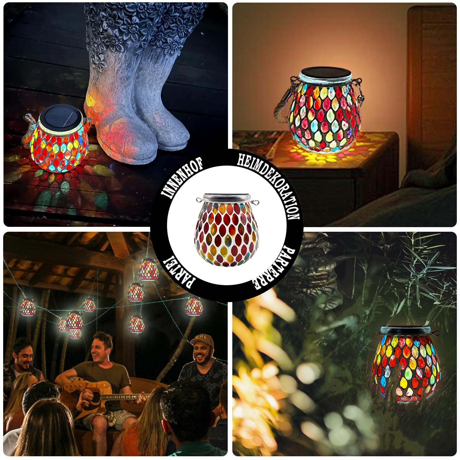 2PCS Solar Mosaik Leuchte Oval für Außen, On/Off Glas Mosaik Hängend Licht Solarlaterne Tischleuchte IP65 Wasserdicht für Rasen Pfad Hof Deck Boden Teich, Rot Mosaik Licht