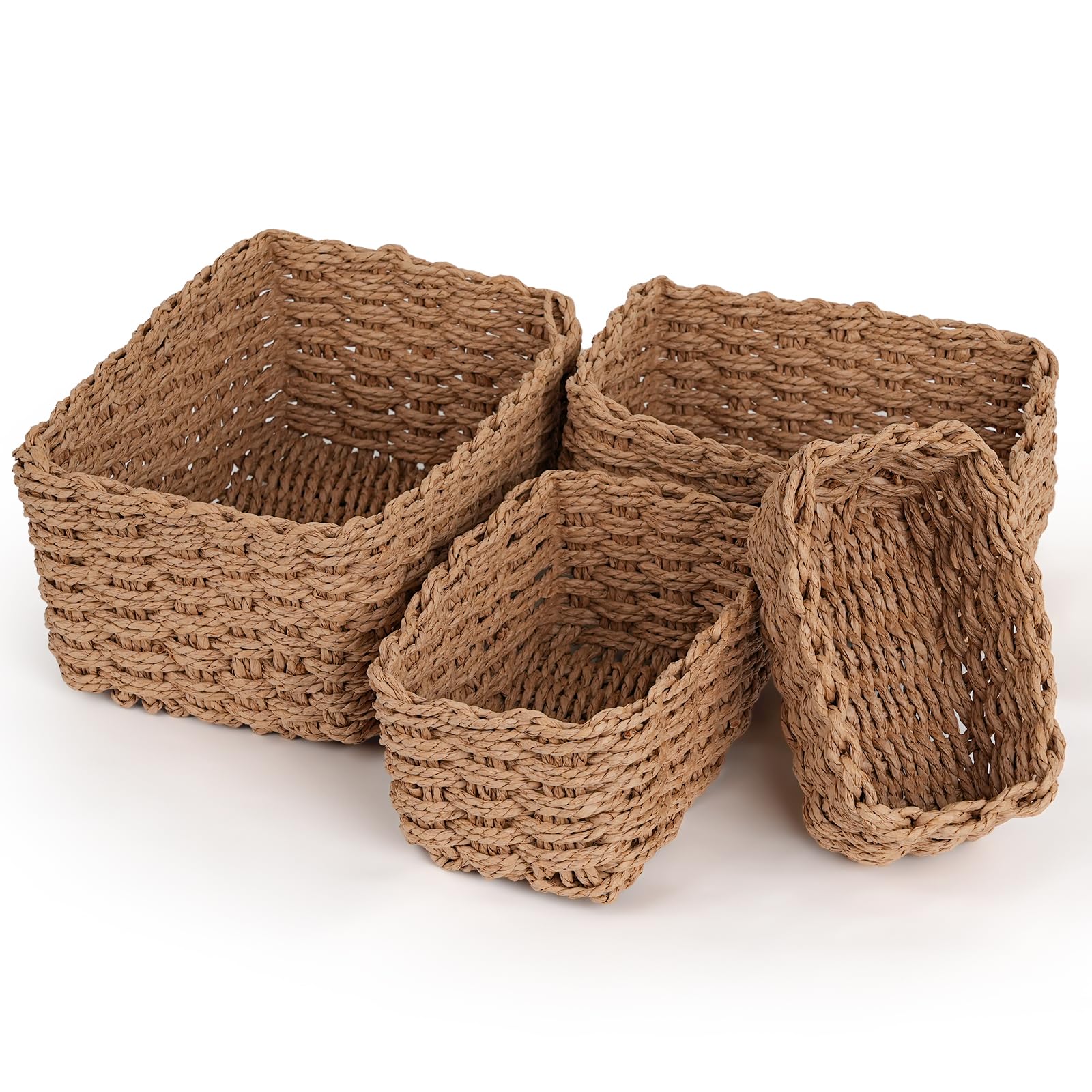 Purecas Woven Storage Baskets 4-Piece Set Stackable Paper Rope Baskets Boho Decor Organiser Box for Nursery Changing Table Living Room Kitchen Bathroom (4 Sizes Brown)
