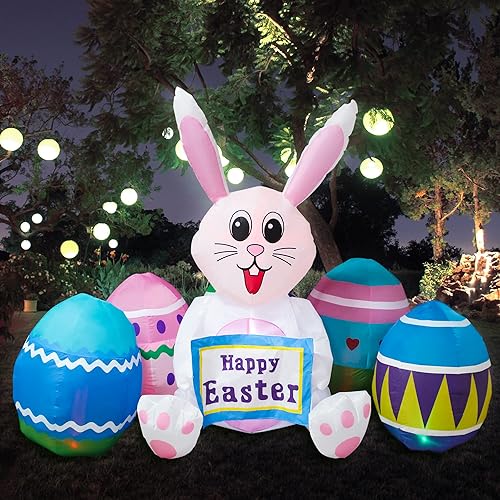 Miniatura 5 de VENLOIS 75 pies de largo conejo inflable de Pascua huevo de Pascua decoración al aire libre letrero de feliz Pascua inflable con LED incorporados