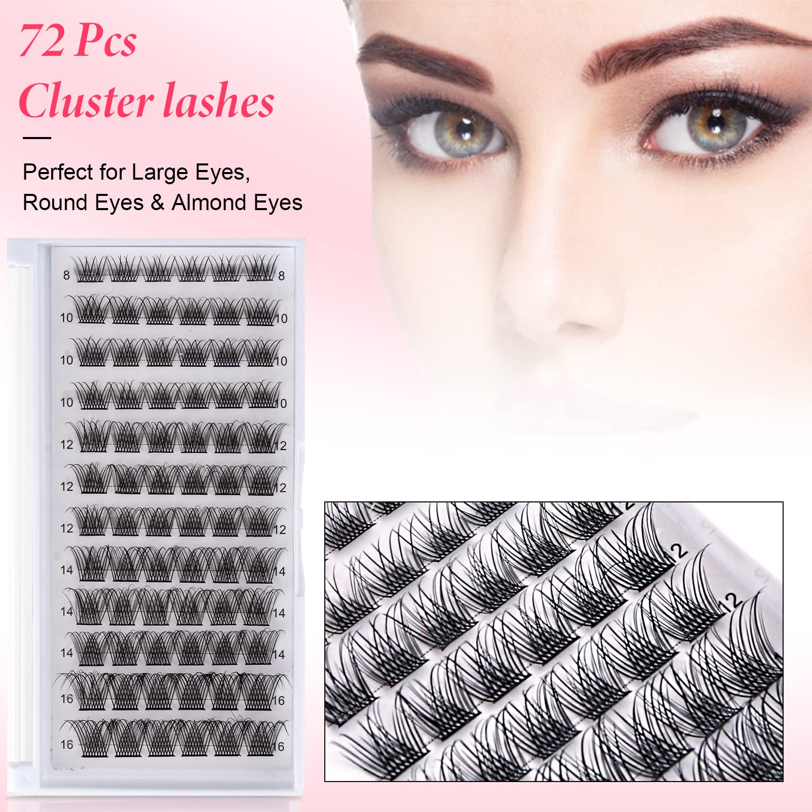 Lashes Cluster 72 Pcs Individual Lashes D Curl 8-16 mm Length, DIY Eyelash Extension False Lashes Soft Fluffy Cluster Eyelas (MIX-2) - Image 3